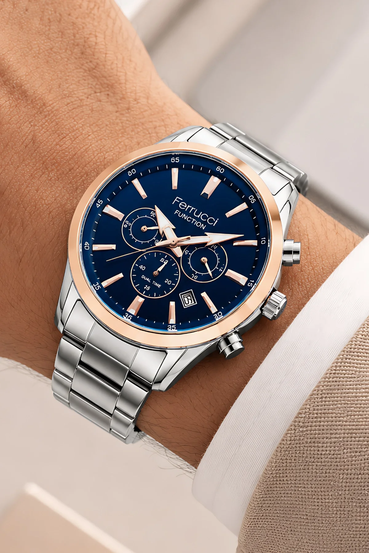 Ferrucci Function Gümüş Renk Çelik Kordon Rose Kasa Erkek Kol Saati 3 Atm Suya Dayanıklı ZMFER041