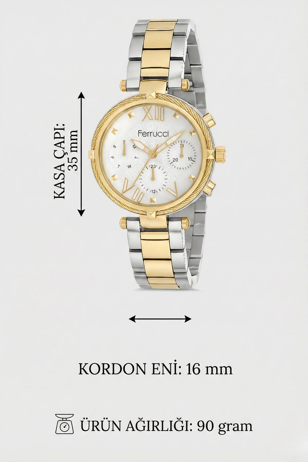 Ferrucci Kadın Kol Saati Çelik Kordon Çelik Kasa Taşlı Bileklik Hediyesi ile Gold-Gümüş zmfer045