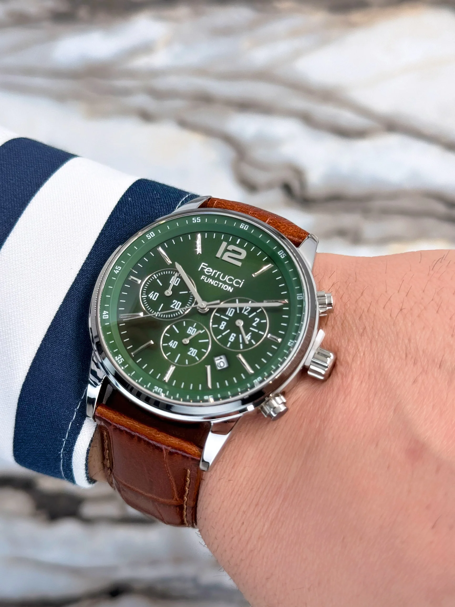 Ferrucci Kahverengi Deri Kordon, Çelik Kasa Function 3ATM Erkek Kol Saati+Bileklik zmfer080