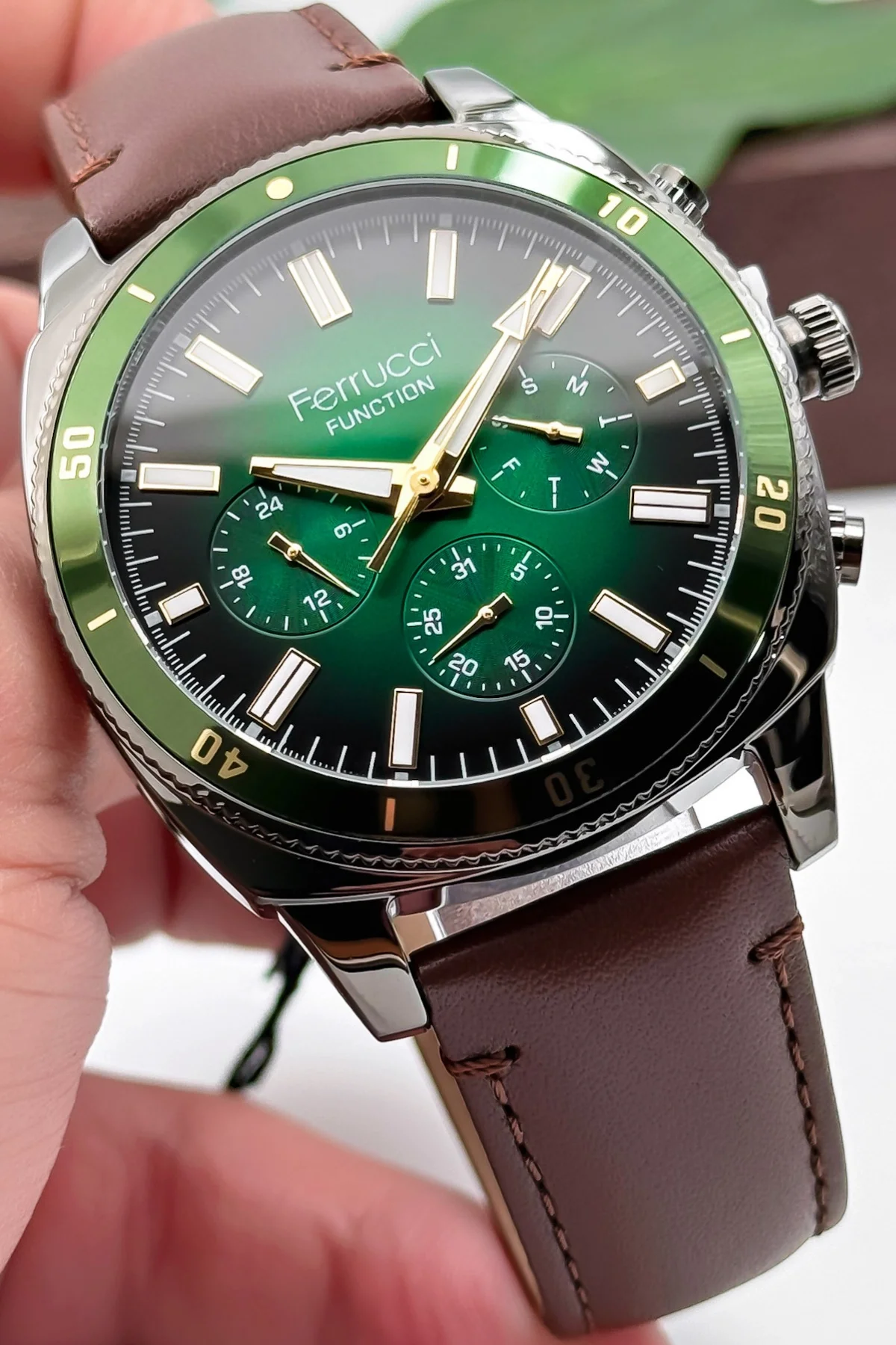 Ferrucci Kahverengi Deri Kordon, Function Erkek Kol Saati+Bileklik zmfer159