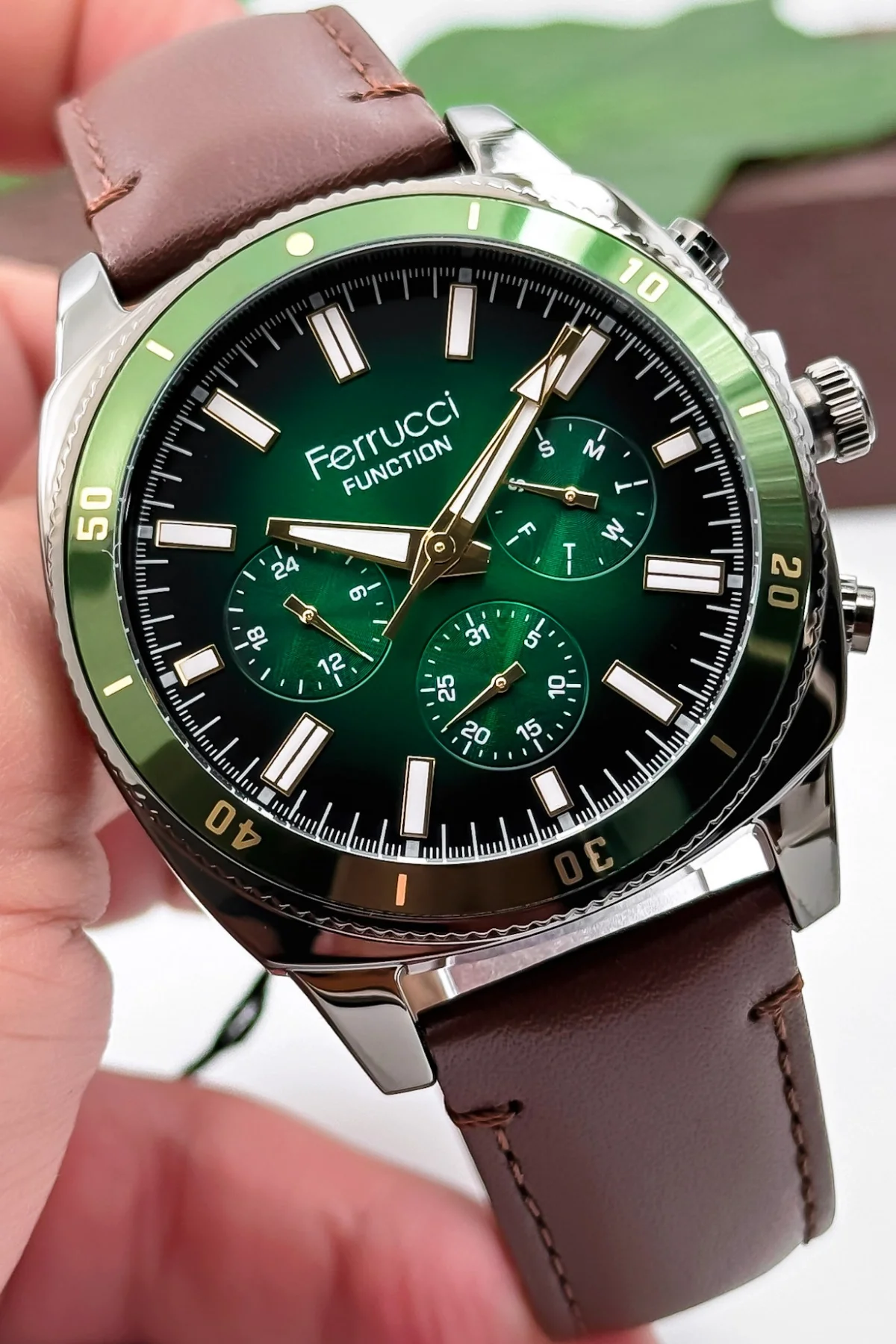 Ferrucci Kahverengi Deri Kordon, Function Erkek Kol Saati+Bileklik zmfer159