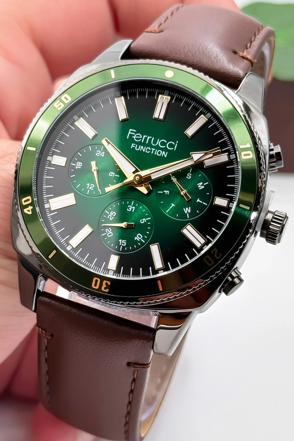 Ferrucci Kahverengi Deri Kordon, Function Erkek Kol Saati+Bileklik zmfer159