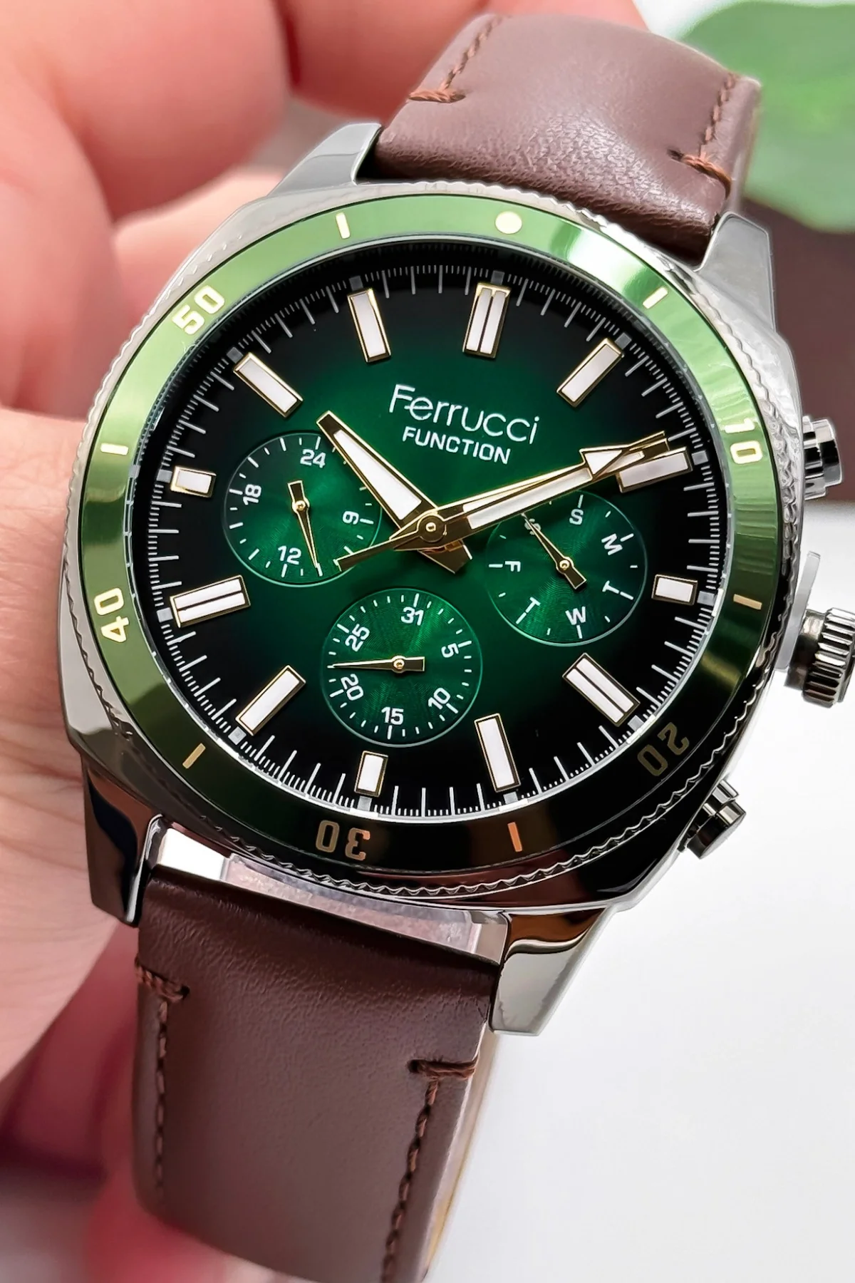 Ferrucci Kahverengi Deri Kordon, Function Erkek Kol Saati+Bileklik zmfer159