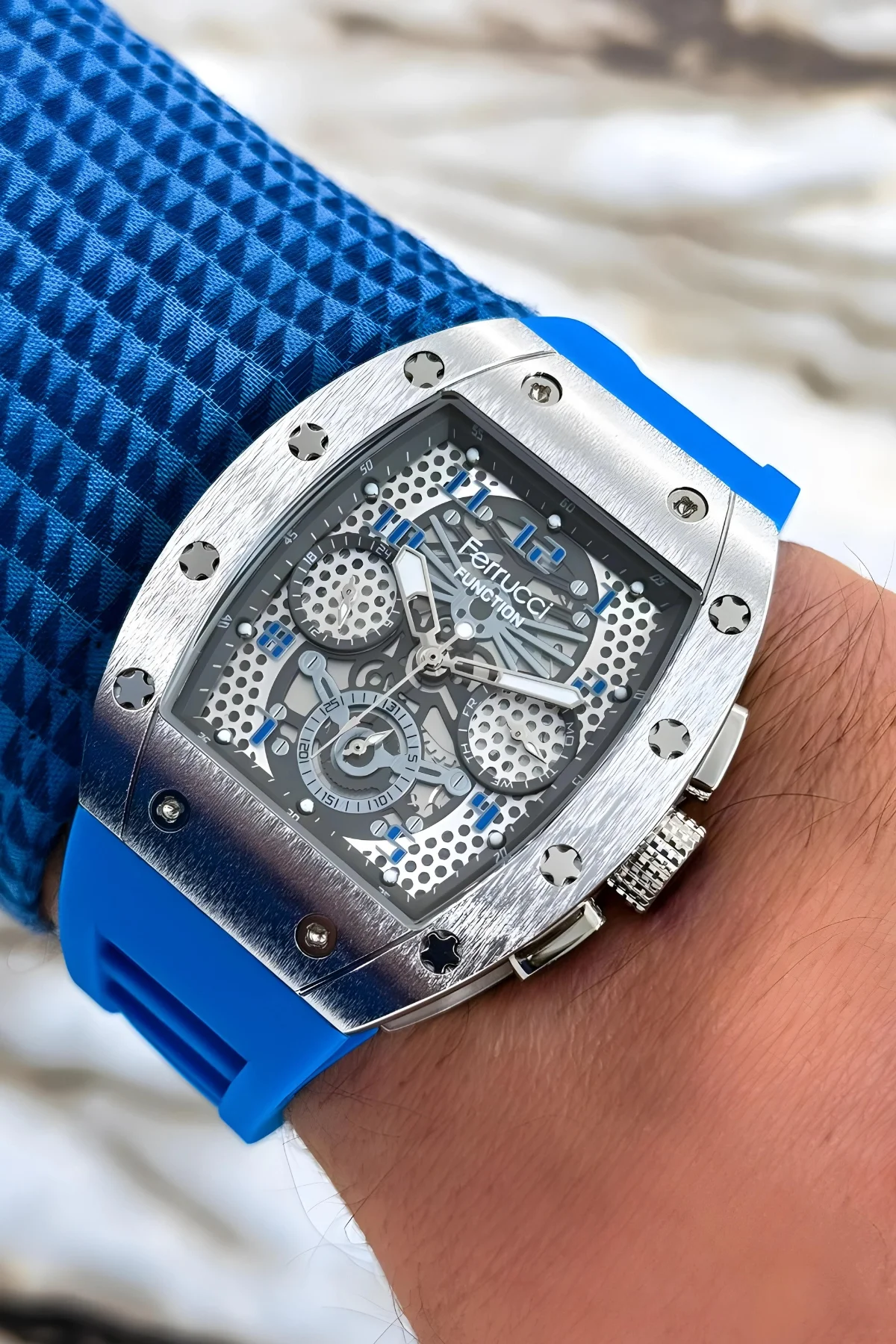 Ferrucci Mavi Renk Silikon Kordon FCF.03258FS.07 Function Erkek Kol Saati+Bileklik zmfer156