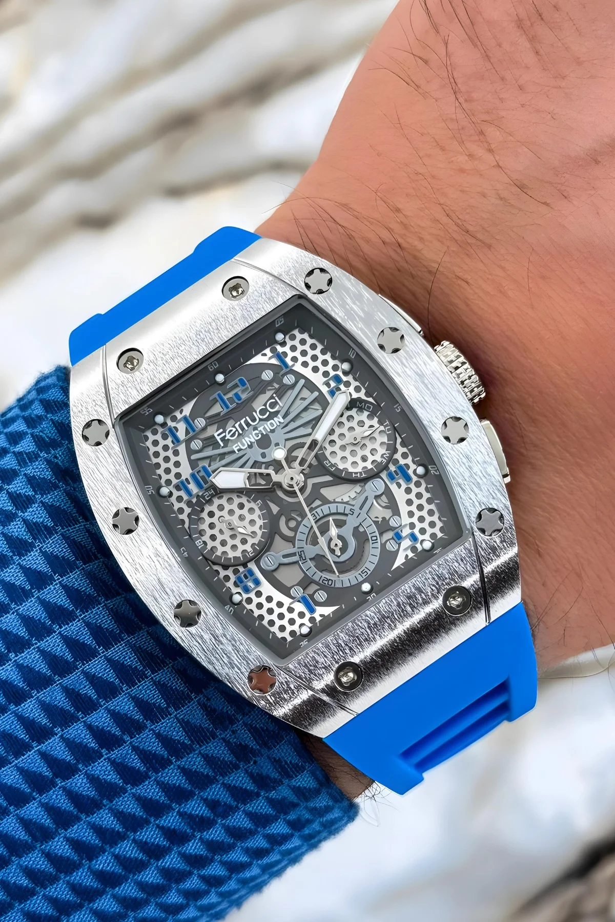 Ferrucci Mavi Renk Silikon Kordon FCF.03258FS.07 Function Erkek Kol Saati+Bileklik zmfer156