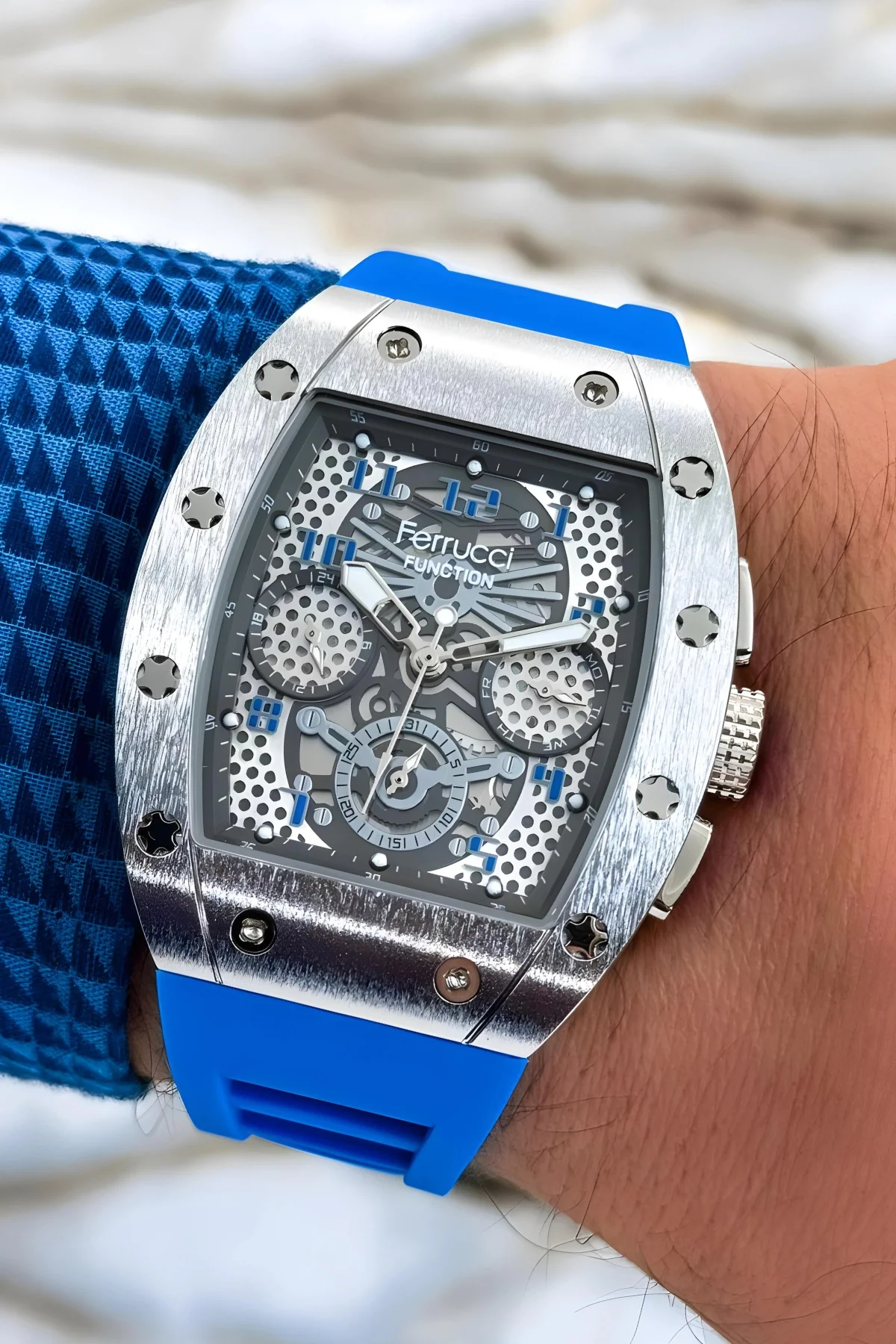 Ferrucci Mavi Renk Silikon Kordon FCF.03258FS.07 Function Erkek Kol Saati+Bileklik zmfer156