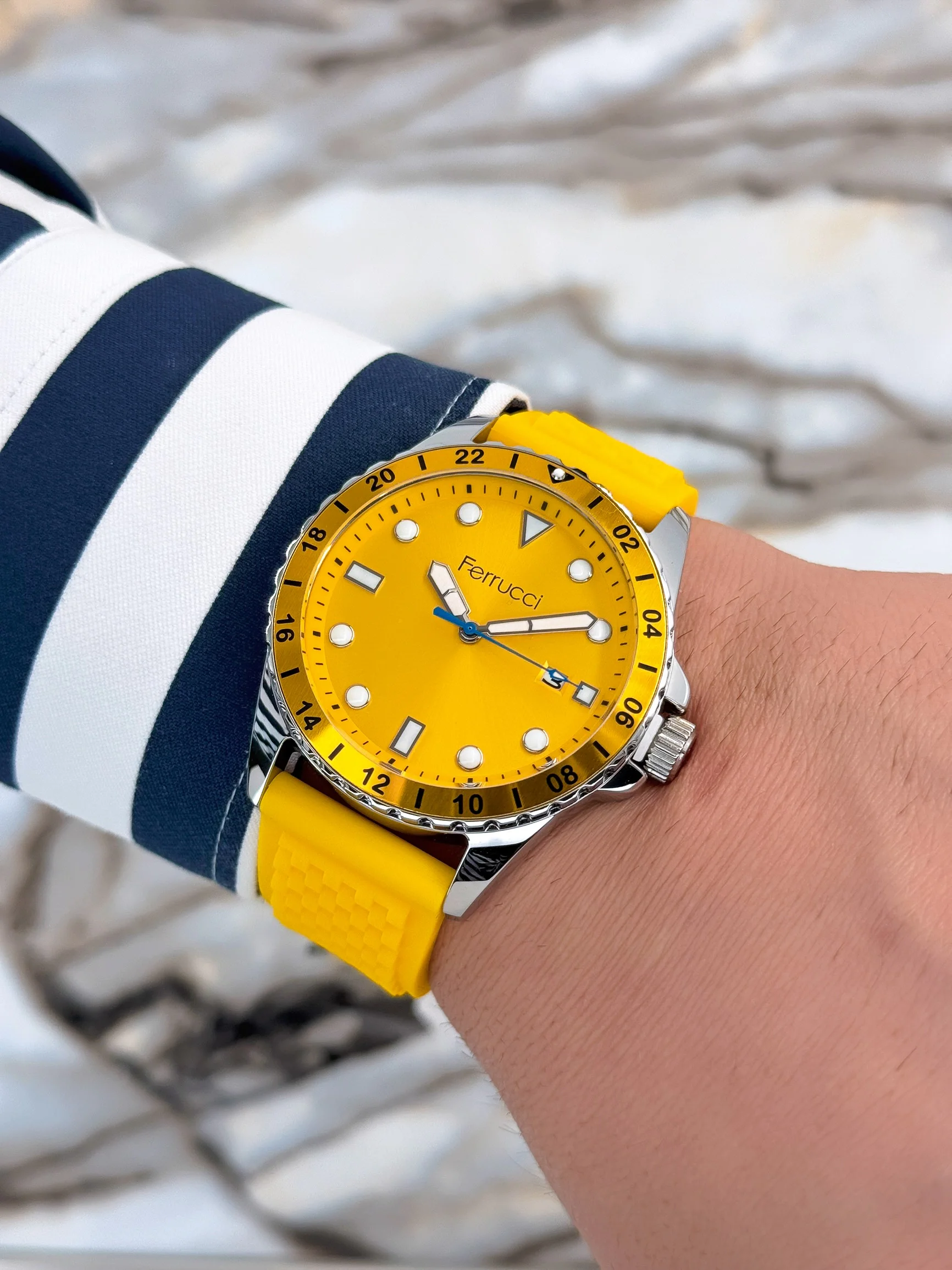 Ferrucci Sarı Silikon Kordon Çelik Kasa Takvimli Erkek Kol Saati+Bileklik zmfer076