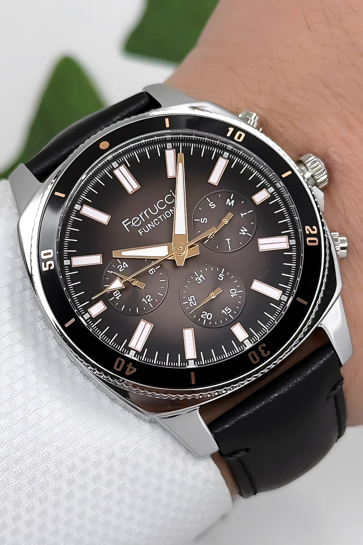 Ferrucci Siyah-Gümüş Function Deri Kordon Erkek Kol Saati 3 ATM- Bileklik Hediyeli zmfer169
