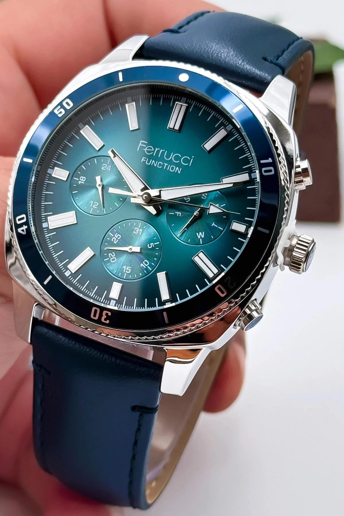 Ferrucci Lacivert Deri Kordon, Function Erkek Kol Saati+Bileklik zmfer159