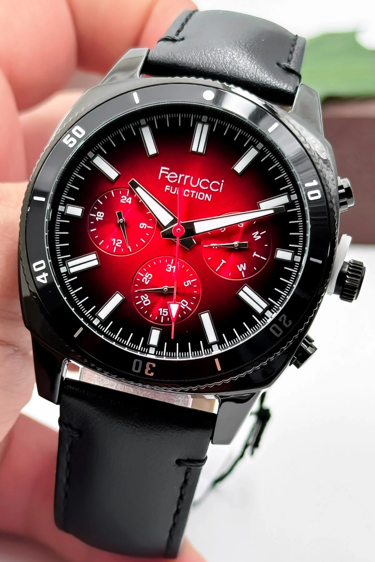 Ferrucci Siyah Renk Deri Kordon, Function Erkek Kol Saati+Bileklik zmfer159