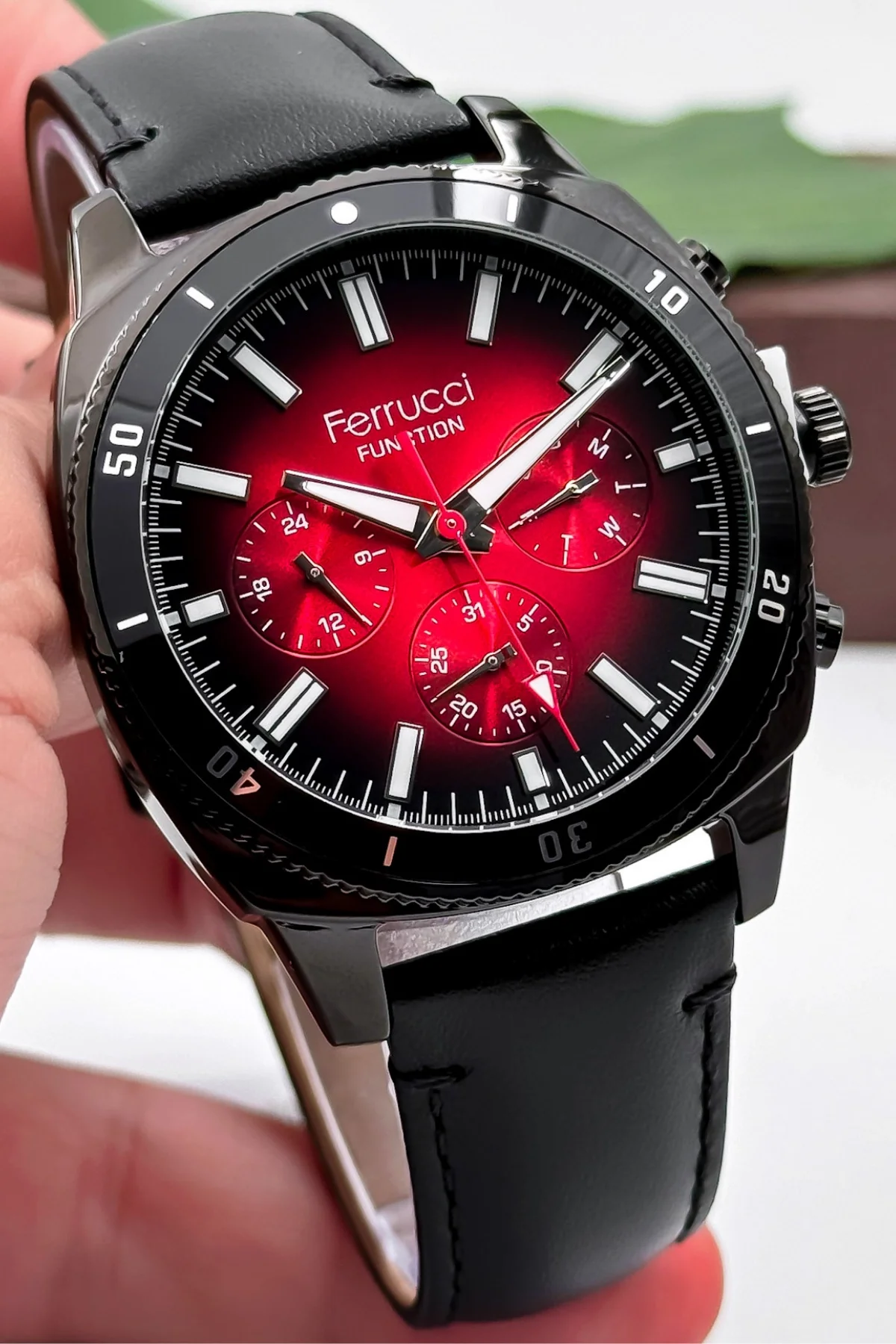 Ferrucci Siyah Renk Deri Kordon, Function Erkek Kol Saati+Bileklik zmfer159