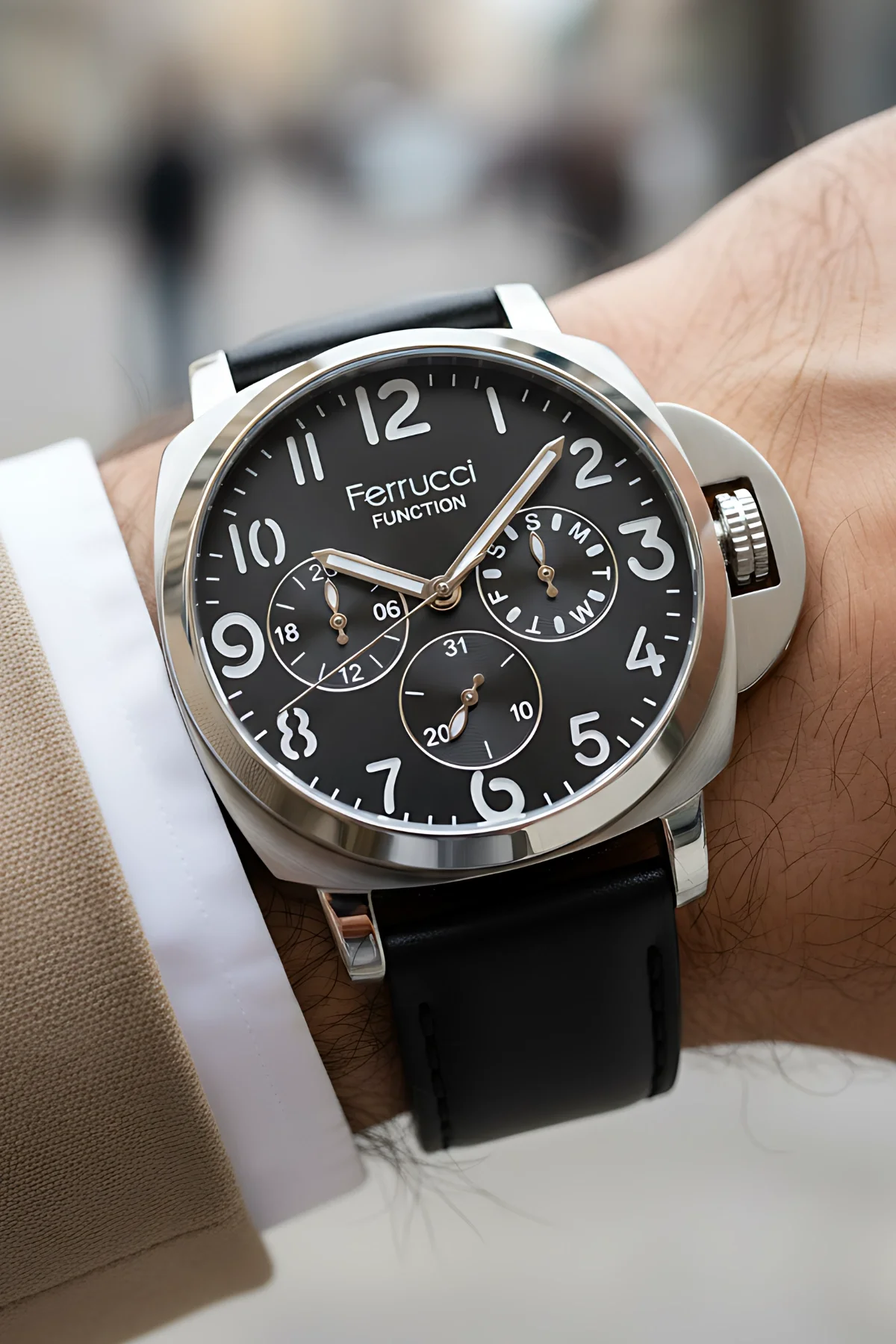 Ferrucci Siyah Renk, Deri Kordon, Function Erkek Kol Saati+Bileklik Siyah-Gümüş zmfer158