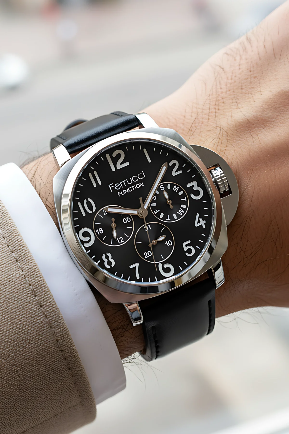 Ferrucci Siyah Renk, Deri Kordon, Function Erkek Kol Saati+Bileklik Siyah-Gümüş zmfer158