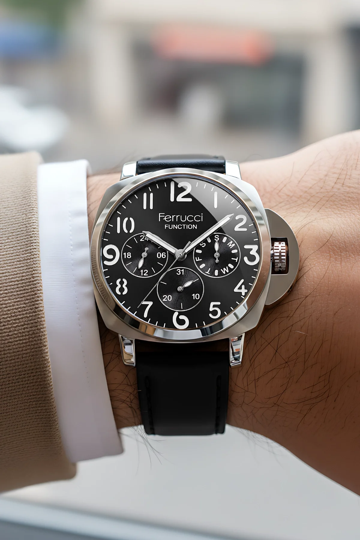 Ferrucci Siyah Renk, Deri Kordon, Function Erkek Kol Saati+Bileklik Siyah-Gümüş zmfer158