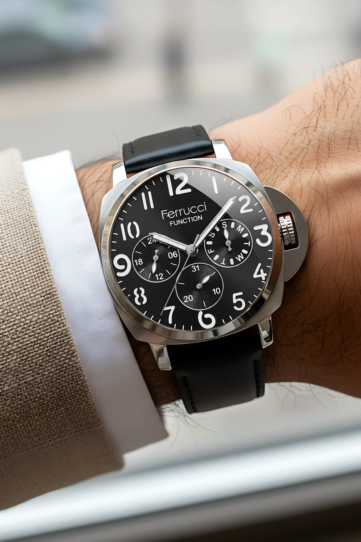 Ferrucci Siyah Renk, Deri Kordon, Function Erkek Kol Saati+Bileklik Siyah-Gümüş zmfer158