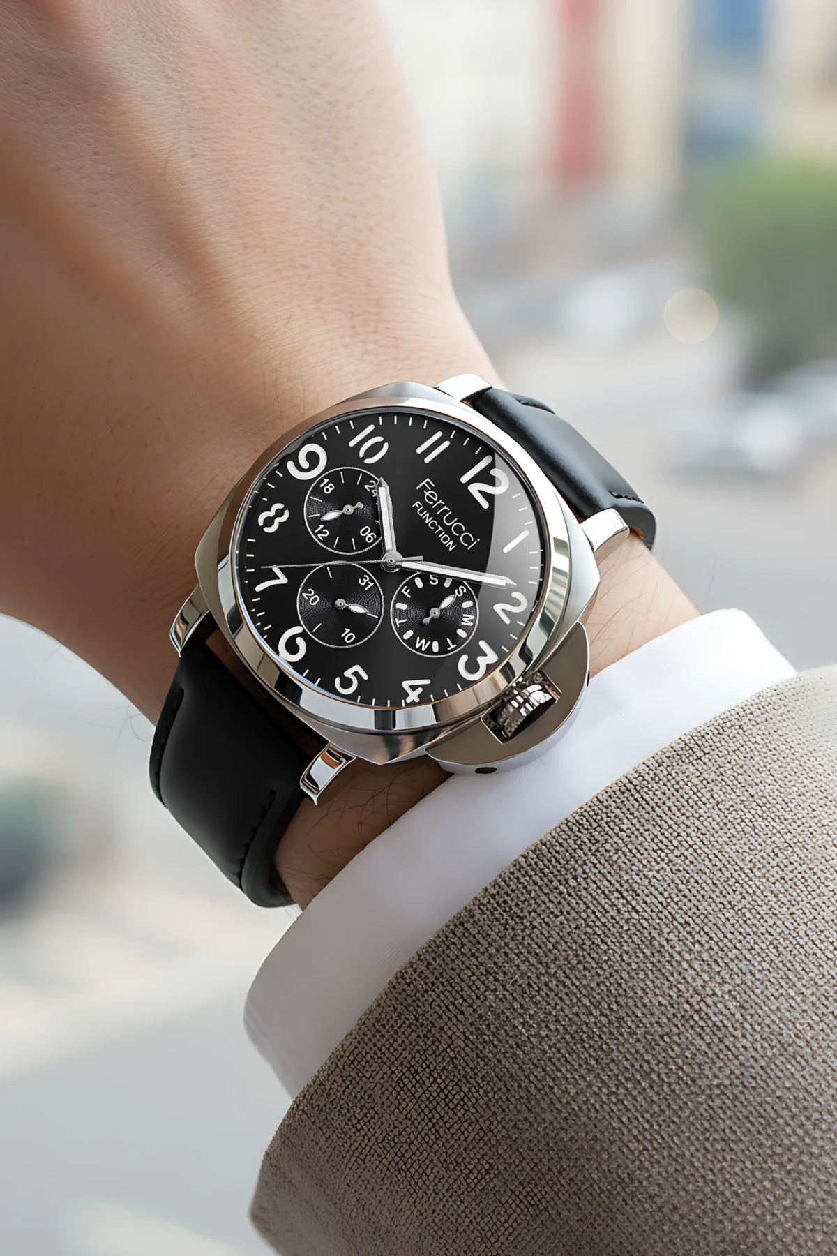 Ferrucci Siyah Renk, Deri Kordon, Function Erkek Kol Saati+Bileklik Siyah-Gümüş zmfer158