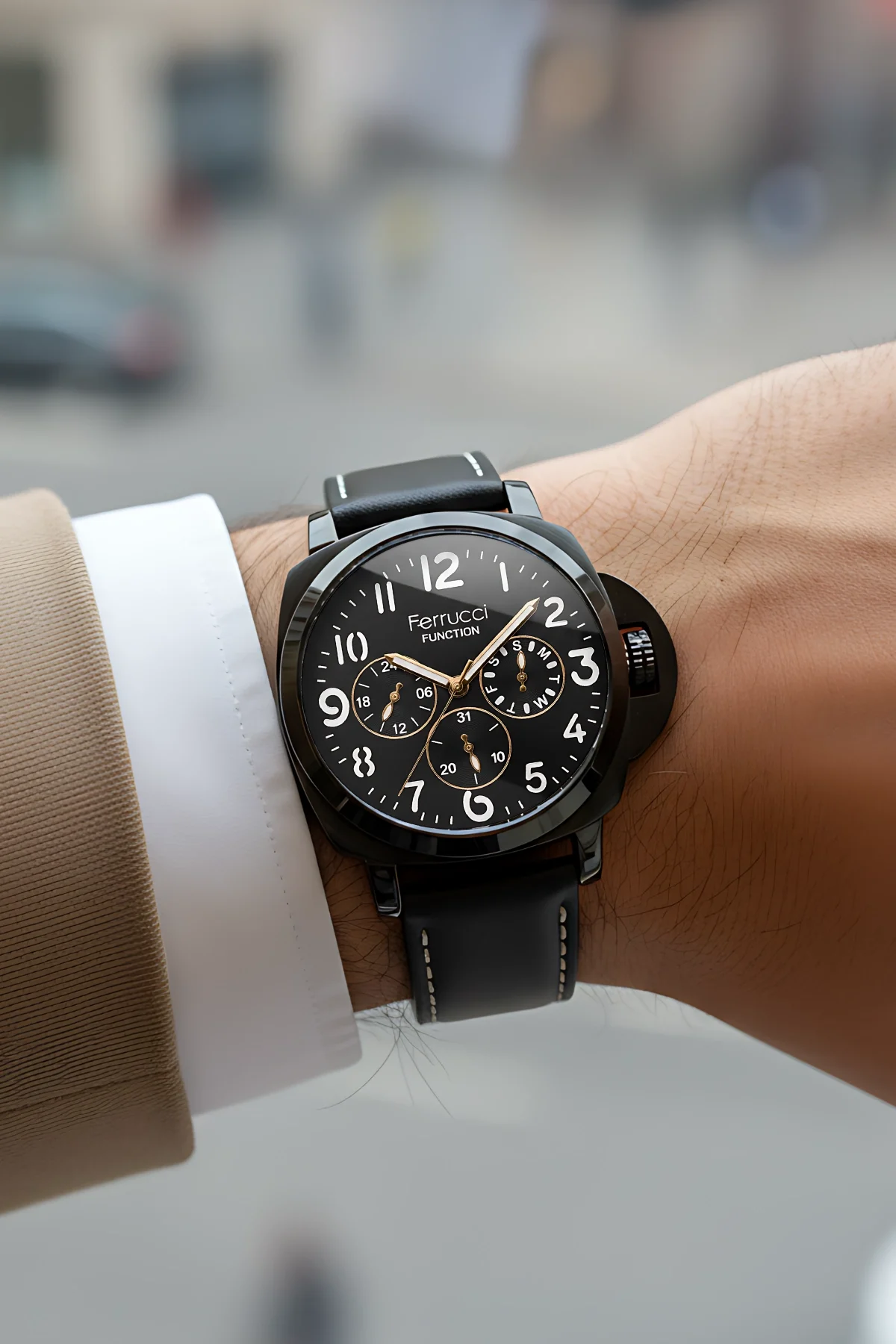 Ferrucci Siyah Renk, Deri Kordon, Function Erkek Kol Saati+Bileklik Siyah-Rose zmfer158