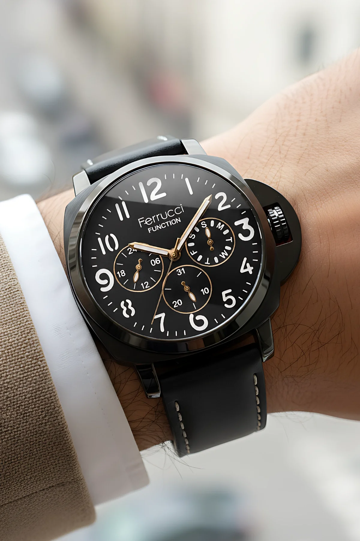 Ferrucci Siyah Renk, Deri Kordon, Function Erkek Kol Saati+Bileklik Siyah-Rose zmfer158