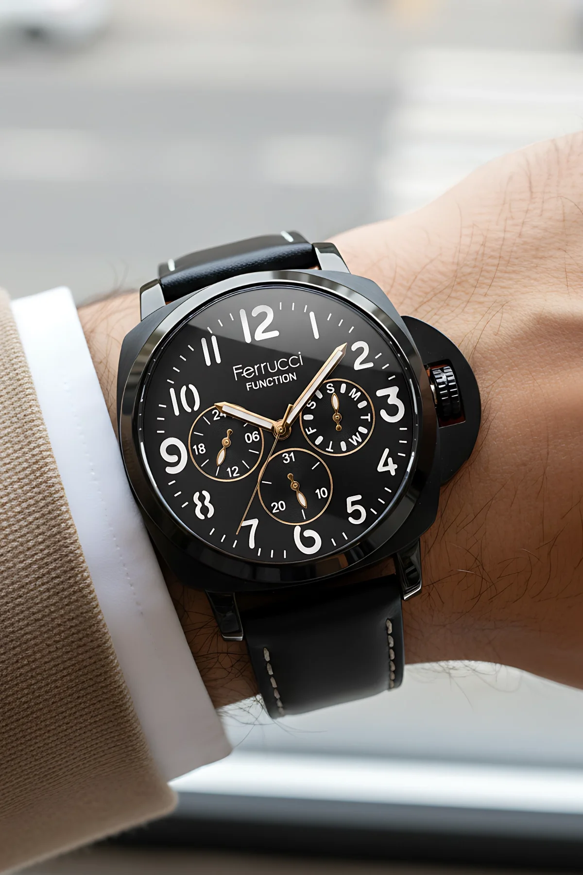 Ferrucci Siyah Renk, Deri Kordon, Function Erkek Kol Saati+Bileklik Siyah-Rose zmfer158