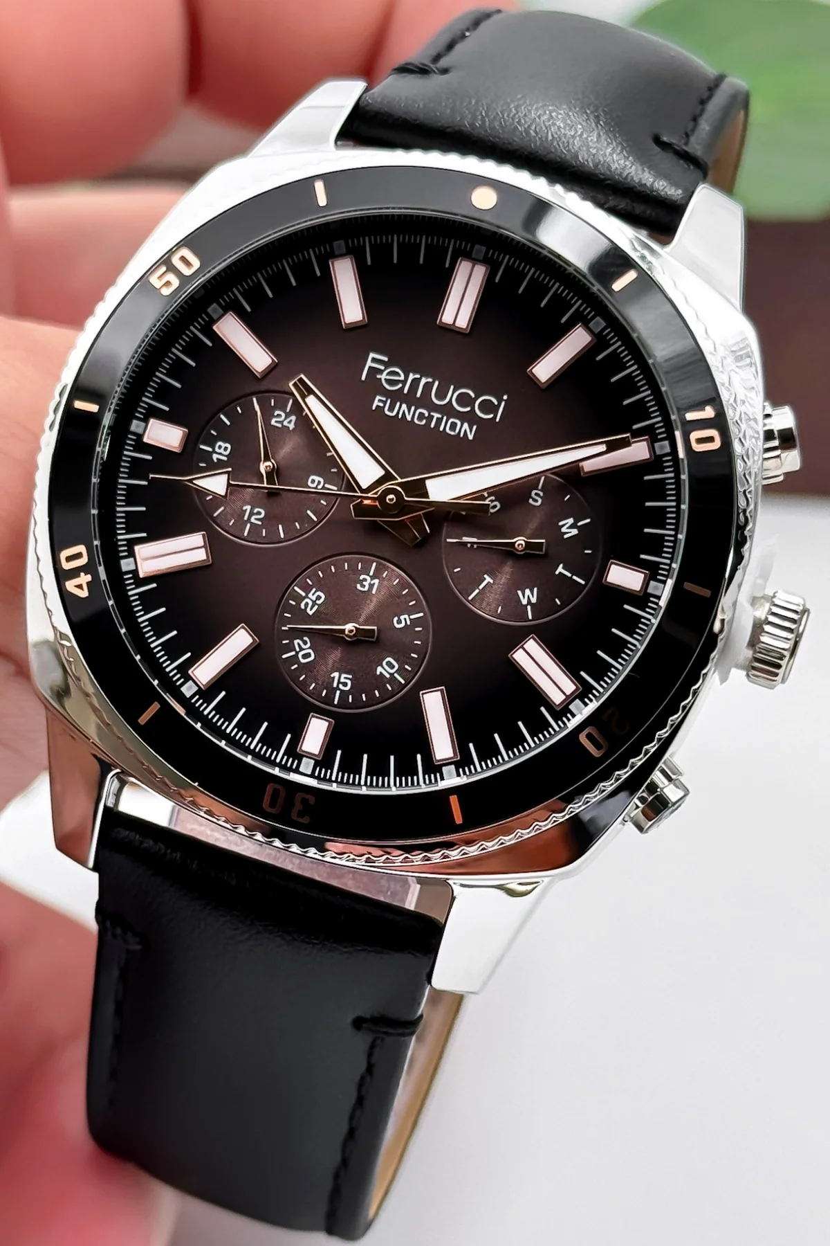 Ferrucci Siyah Renk Deri Kordon, Gümüş Renk Kasa, Function Erkek Kol Saati+Bileklik zmfer159