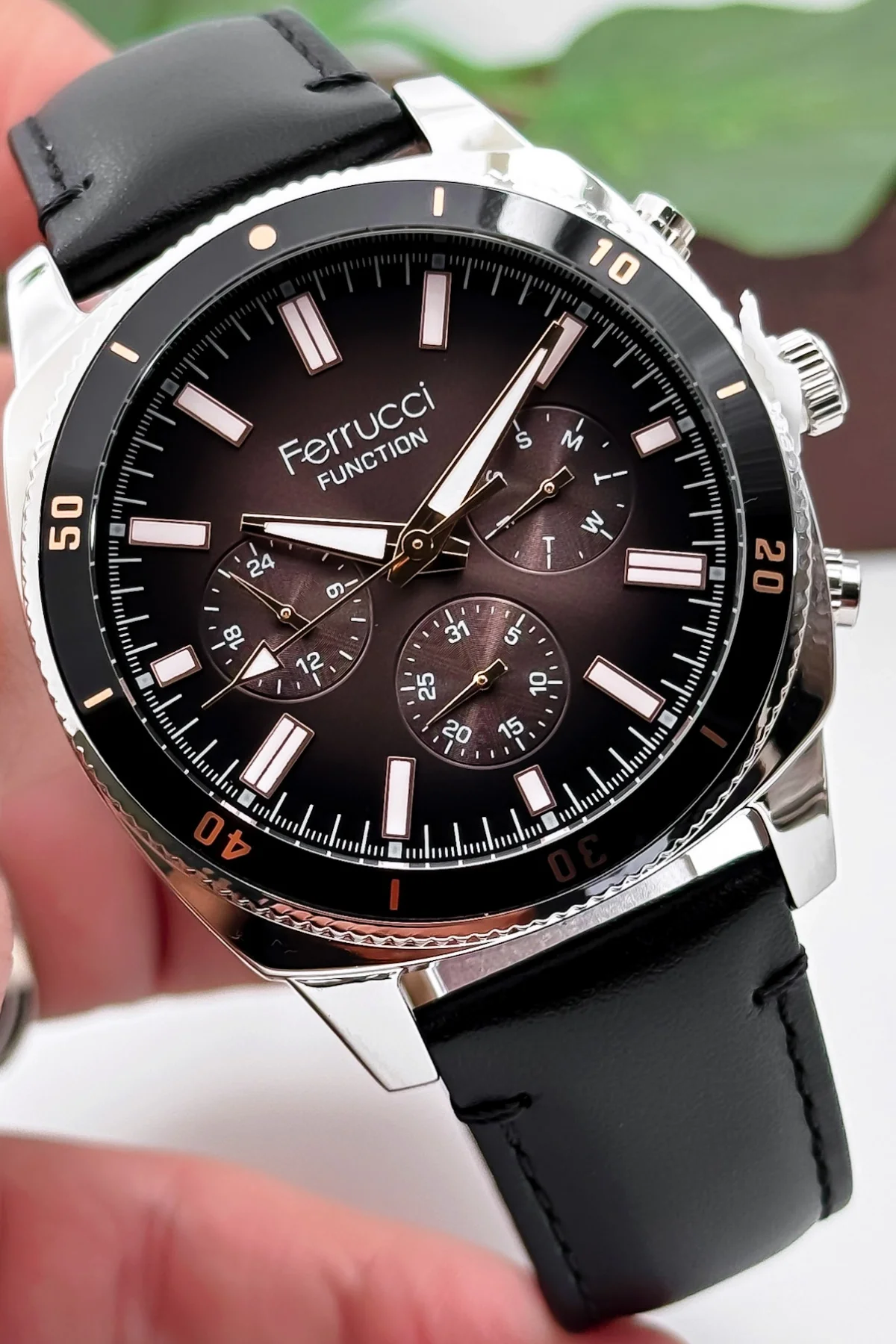 Ferrucci Siyah Renk Deri Kordon, Gümüş Renk Kasa, Function Erkek Kol Saati+Bileklik zmfer159