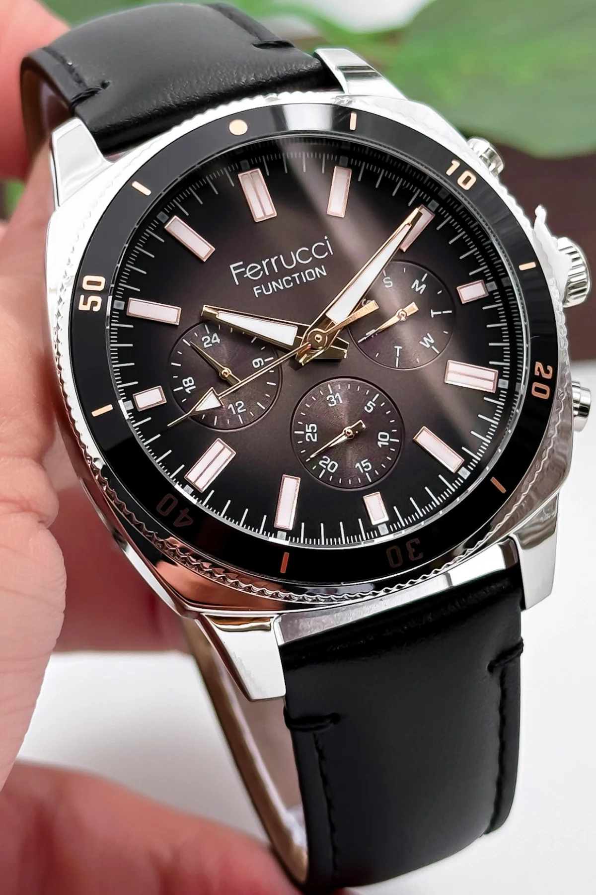 Ferrucci Siyah Renk Deri Kordon, Gümüş Renk Kasa, Function Erkek Kol Saati+Bileklik zmfer159