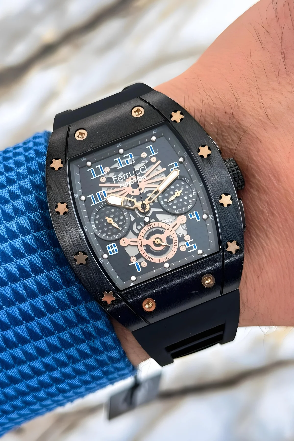 Ferrucci Siyah Renk Silikon Kordon FCF.03258FS.08 Function Erkek Kol Saati+Bileklik zmfer156