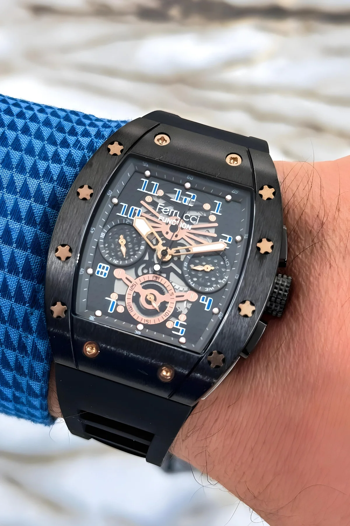 Ferrucci Siyah Renk Silikon Kordon FCF.03258FS.08 Function Erkek Kol Saati+Bileklik zmfer156