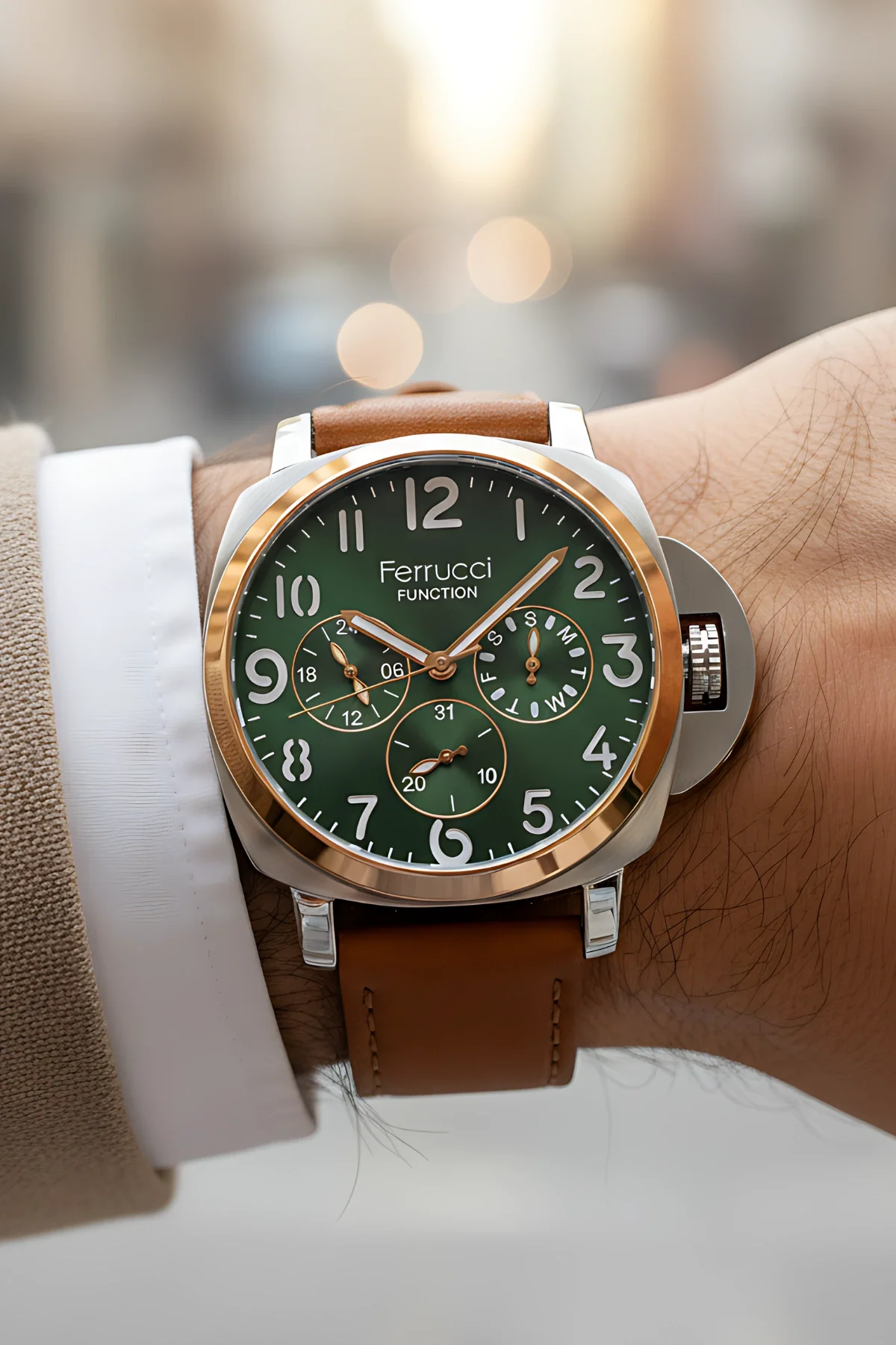 Ferrucci Taba Renk, Deri Kordon, Function Erkek Kol Saati+Bileklik zmfer158