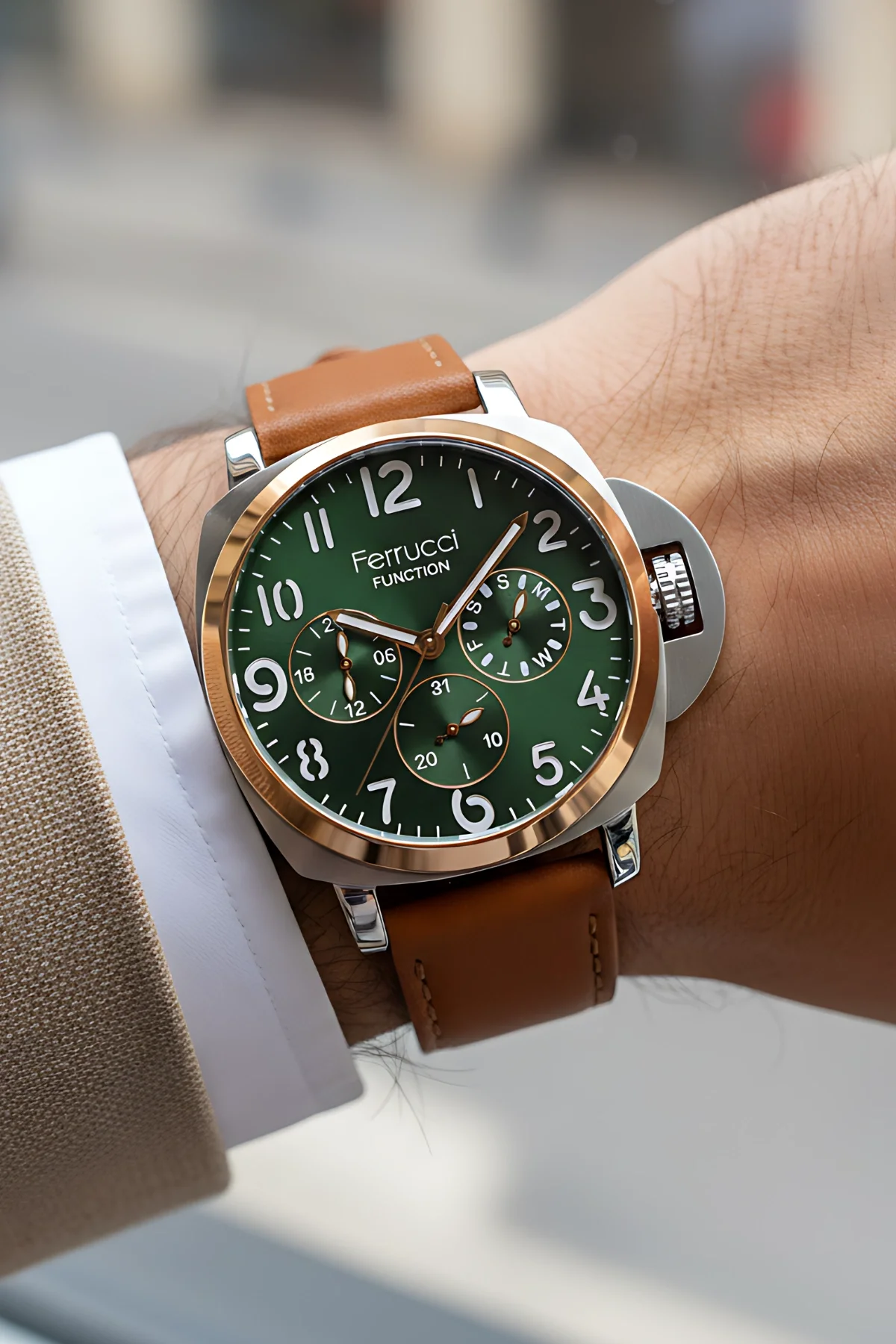 Ferrucci Taba Renk, Deri Kordon, Function Erkek Kol Saati+Bileklik zmfer158