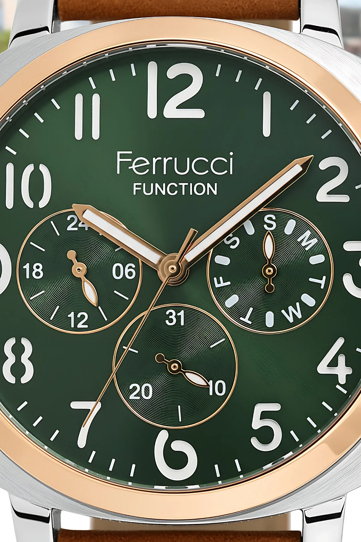 Ferrucci Taba Renk, Deri Kordon, Function Erkek Kol Saati+Bileklik zmfer158