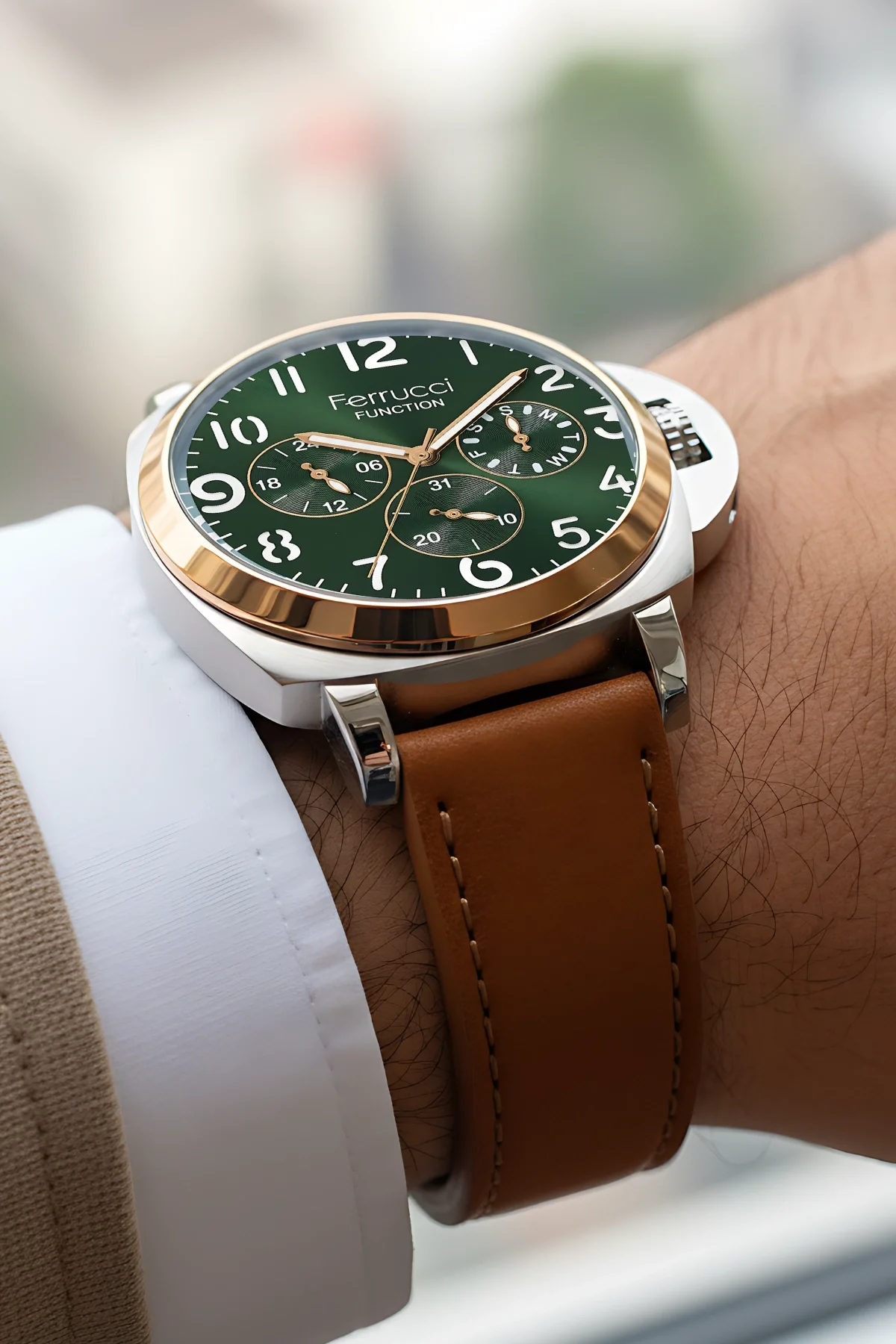 Ferrucci Taba Renk, Deri Kordon, Function Erkek Kol Saati+Bileklik zmfer158