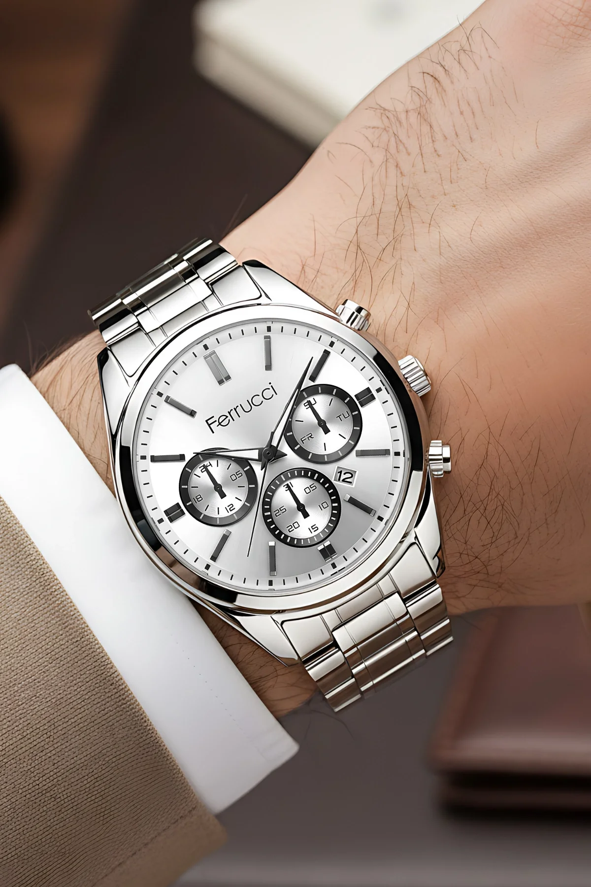 Ferrucci Takvimli Erkek Kol Saati Çelik Kasa & Çelik Kordon Gümüş-Beyaz zmfer214