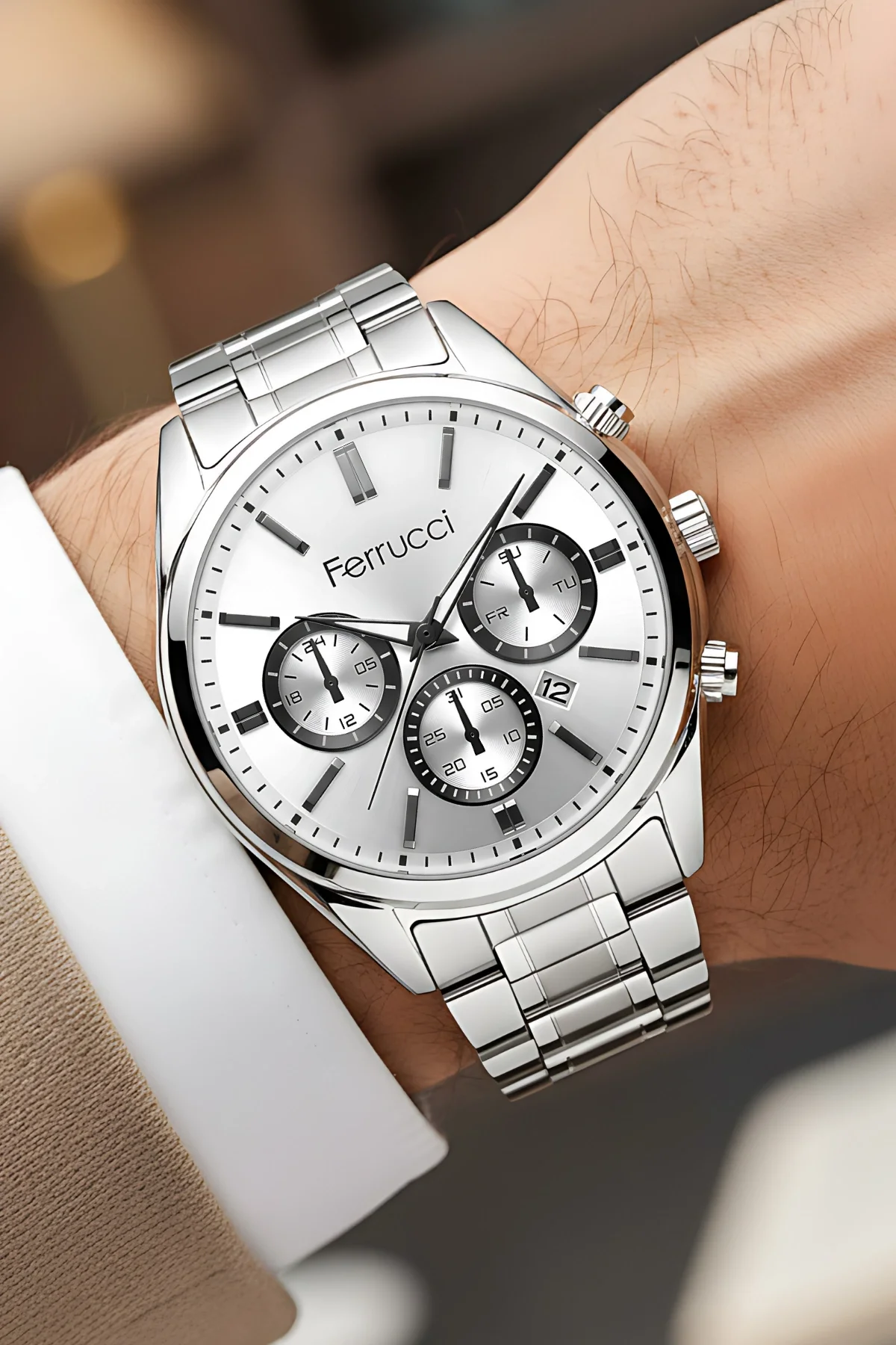 Ferrucci Takvimli Erkek Kol Saati Çelik Kasa & Çelik Kordon Gümüş-Beyaz zmfer214