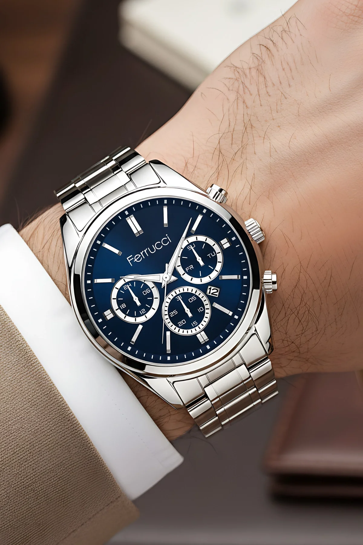 Ferrucci Takvimli Erkek Kol Saati Çelik Kasa & Çelik Kordon Gümüş-Mavi zmfer214