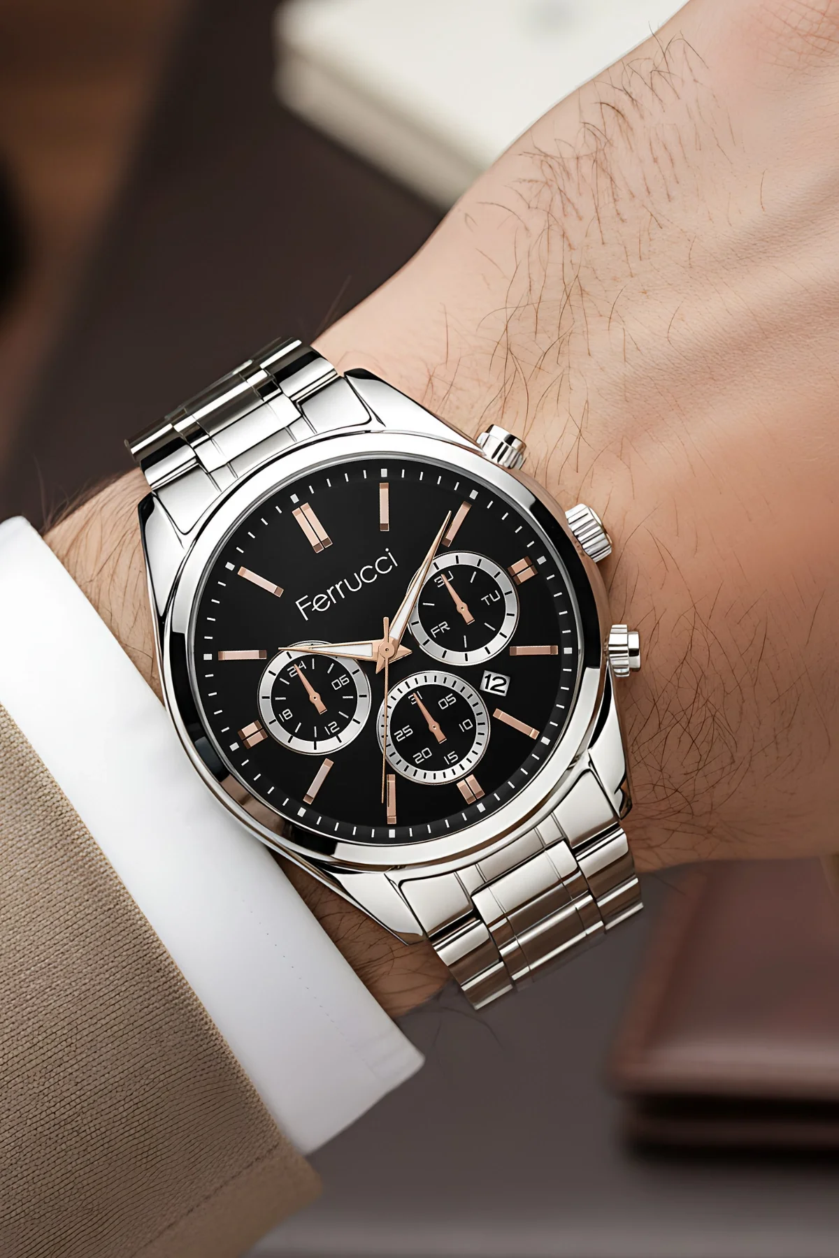 Ferrucci Takvimli Erkek Kol Saati Çelik Kasa & Çelik Kordon Gümüş-Siyah Renk zmfer214