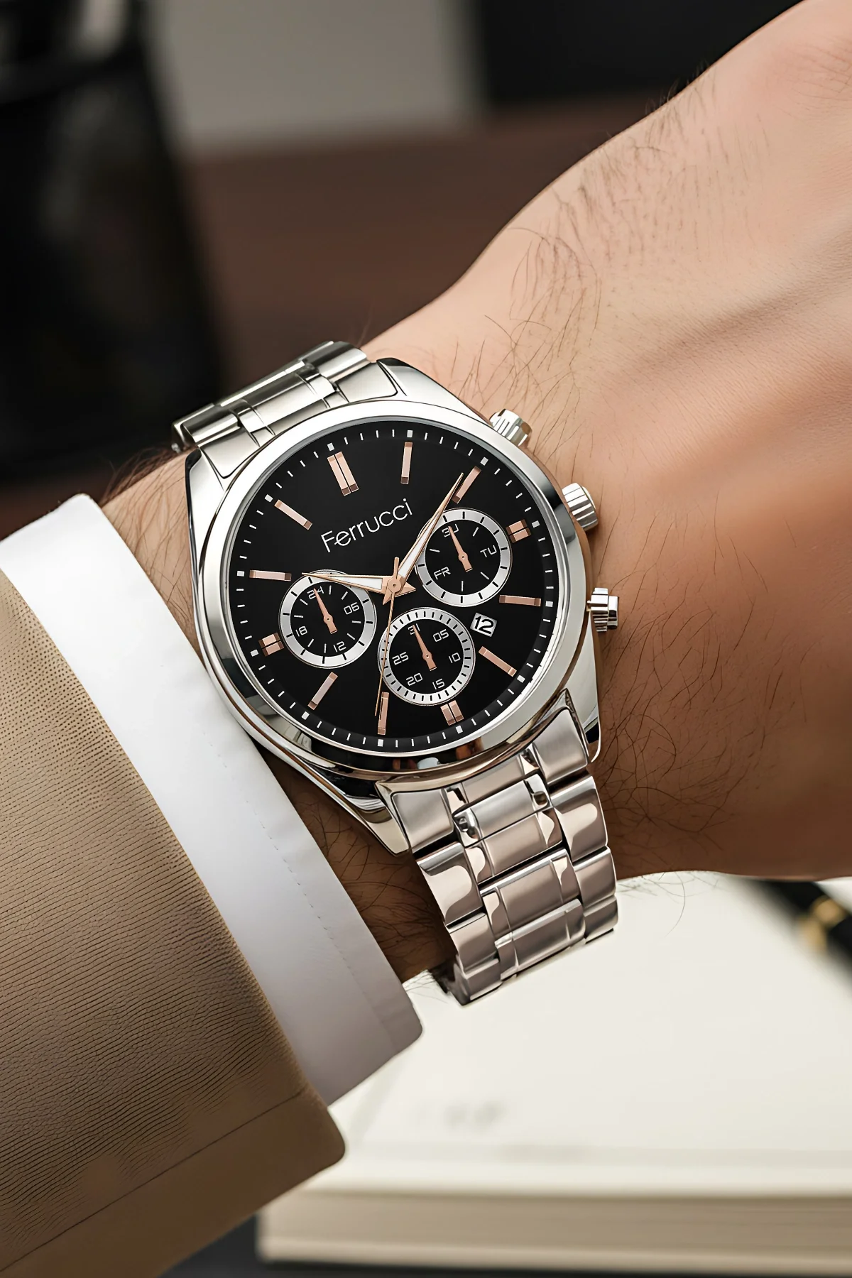 Ferrucci Takvimli Erkek Kol Saati Çelik Kasa & Çelik Kordon Gümüş-Siyah Renk zmfer214