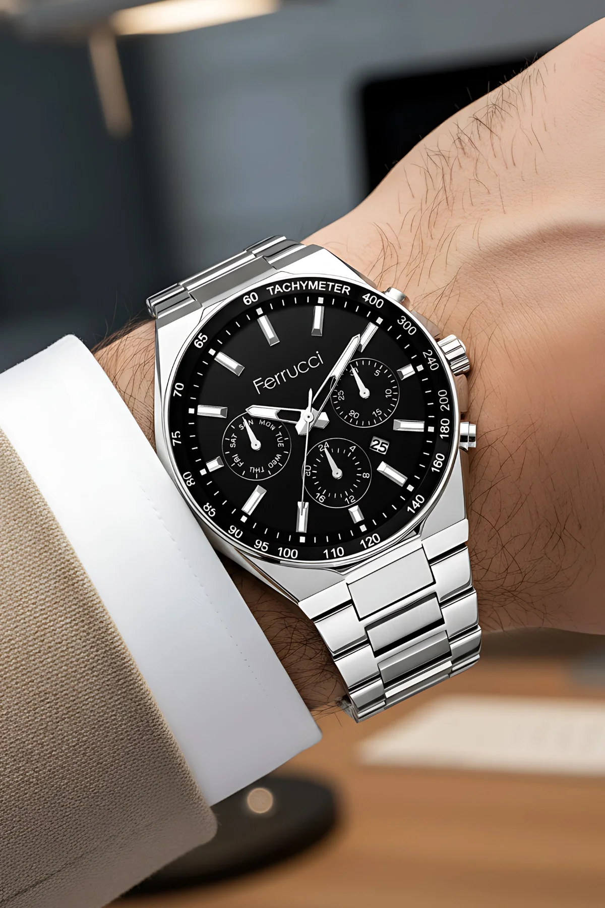 Ferrucci Takvimli Erkek Kol Saati Çelik Kasa & Çelik Kordon Gümüş-Siyah Renk zmfer215