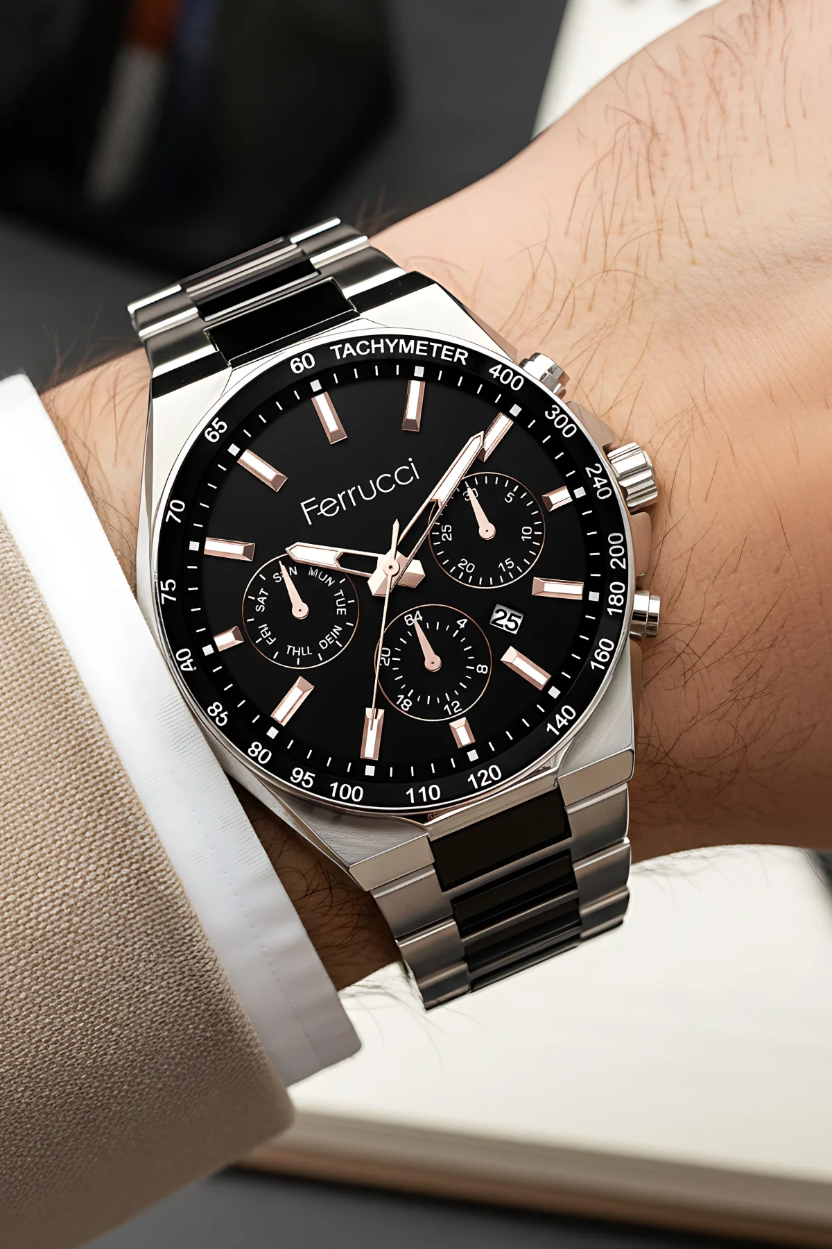 Ferrucci Takvimli Erkek Kol Saati Çelik Kasa & Çelik Kordon -Gümüş-Siyah zmfer215