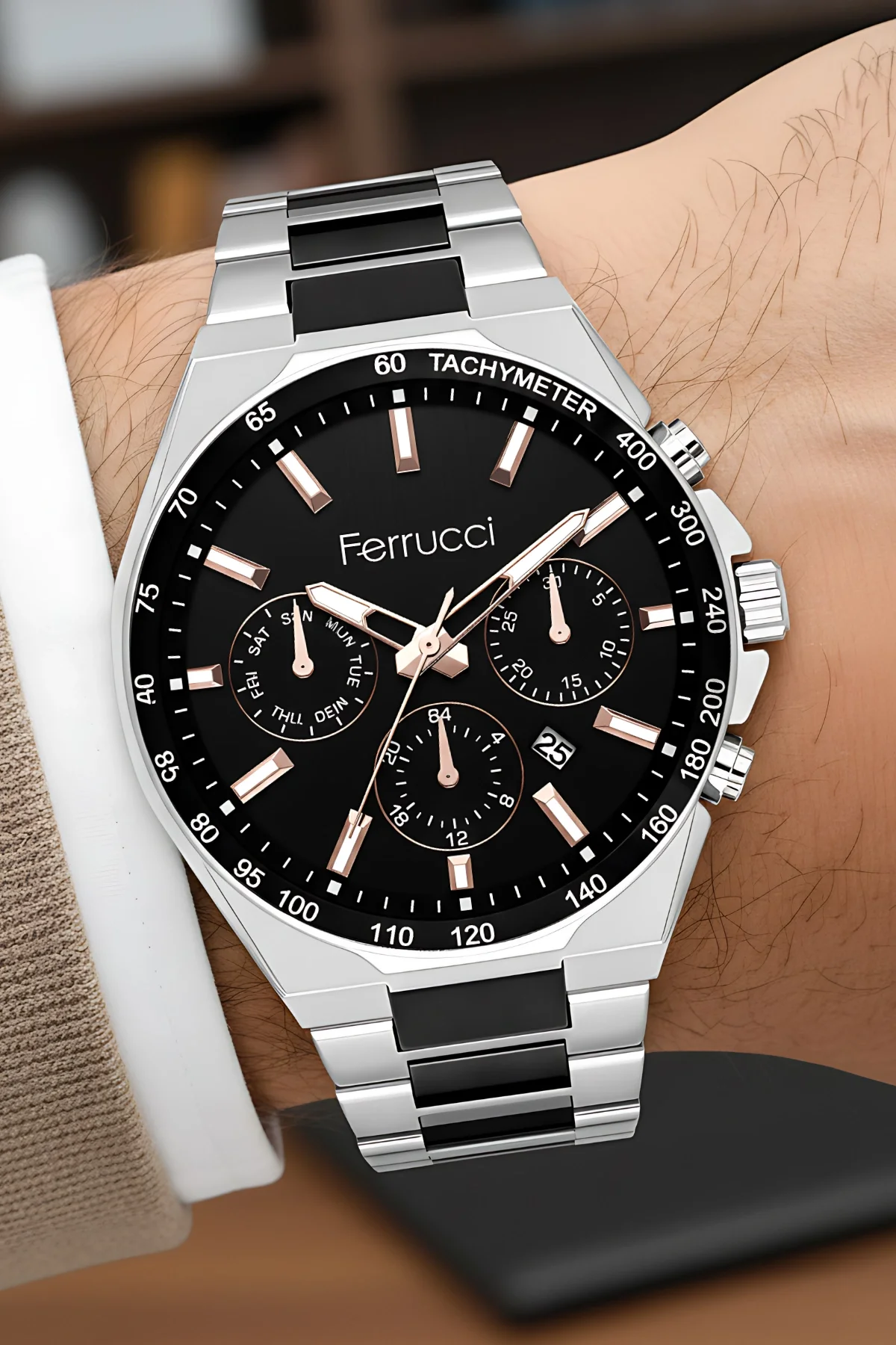 Ferrucci Takvimli Erkek Kol Saati Çelik Kasa & Çelik Kordon -Gümüş-Siyah zmfer215