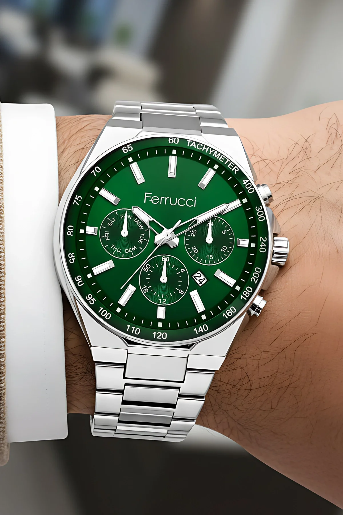 Ferrucci Takvimli Erkek Kol Saati Çelik Kasa & Çelik Kordon Gümüş-Yeşil Renk zmfer215