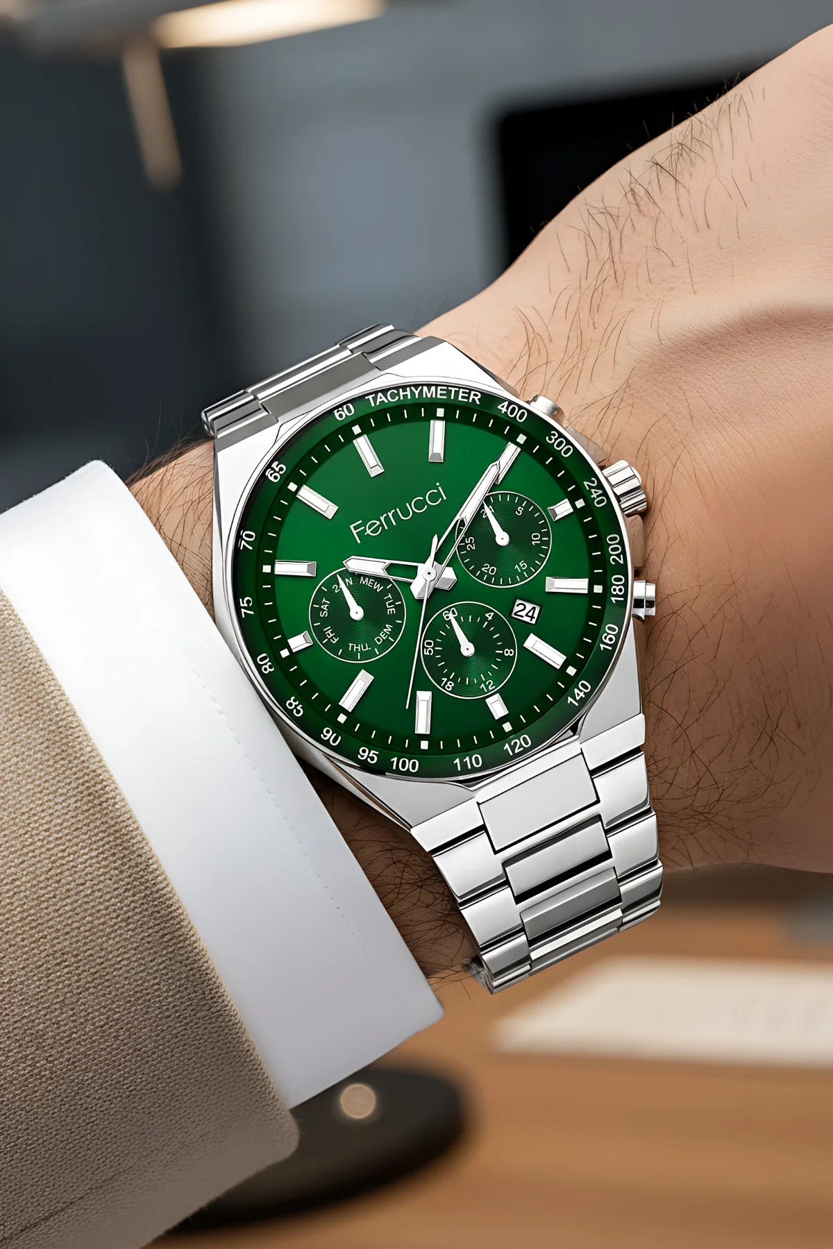 Ferrucci Takvimli Erkek Kol Saati Çelik Kasa & Çelik Kordon Gümüş-Yeşil Renk zmfer215