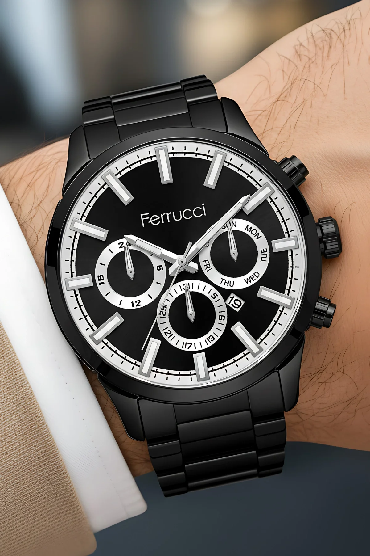 Ferrucci Takvimli Erkek Kol Saati Çelik Kasa & Çelik Kordon Siyah zmfer213