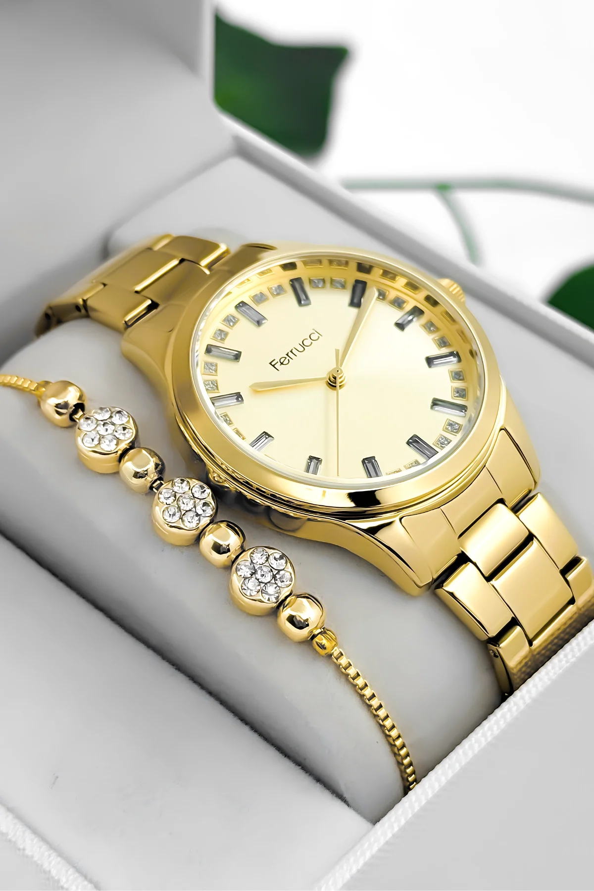Ferrucci Taş Detaylı Kadran, Çelik Kordon Çelik Kasa Kadın Kol Saati, Gold zmfer199