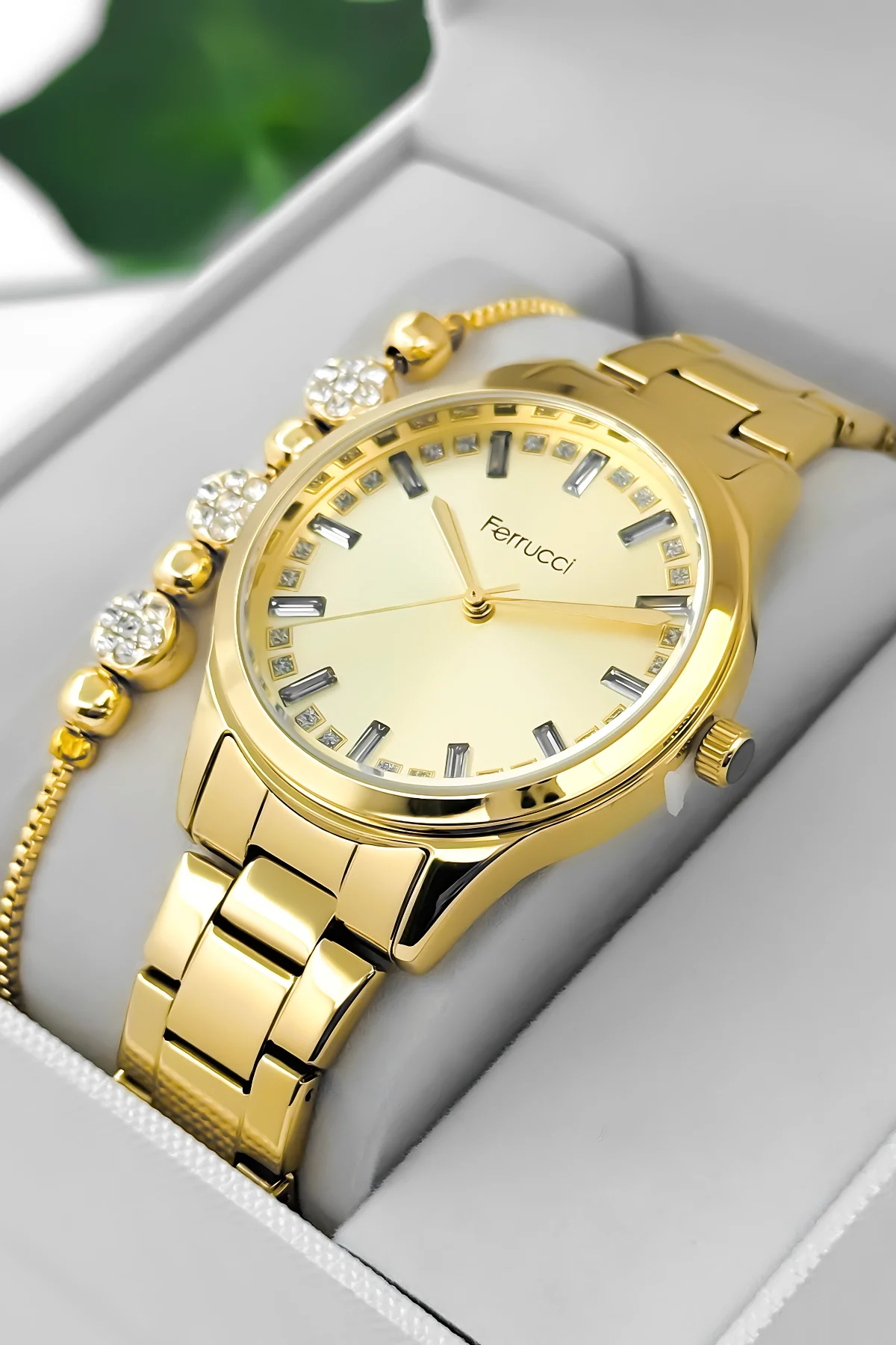 Ferrucci Taş Detaylı Kadran, Çelik Kordon Çelik Kasa Kadın Kol Saati, Gold zmfer199