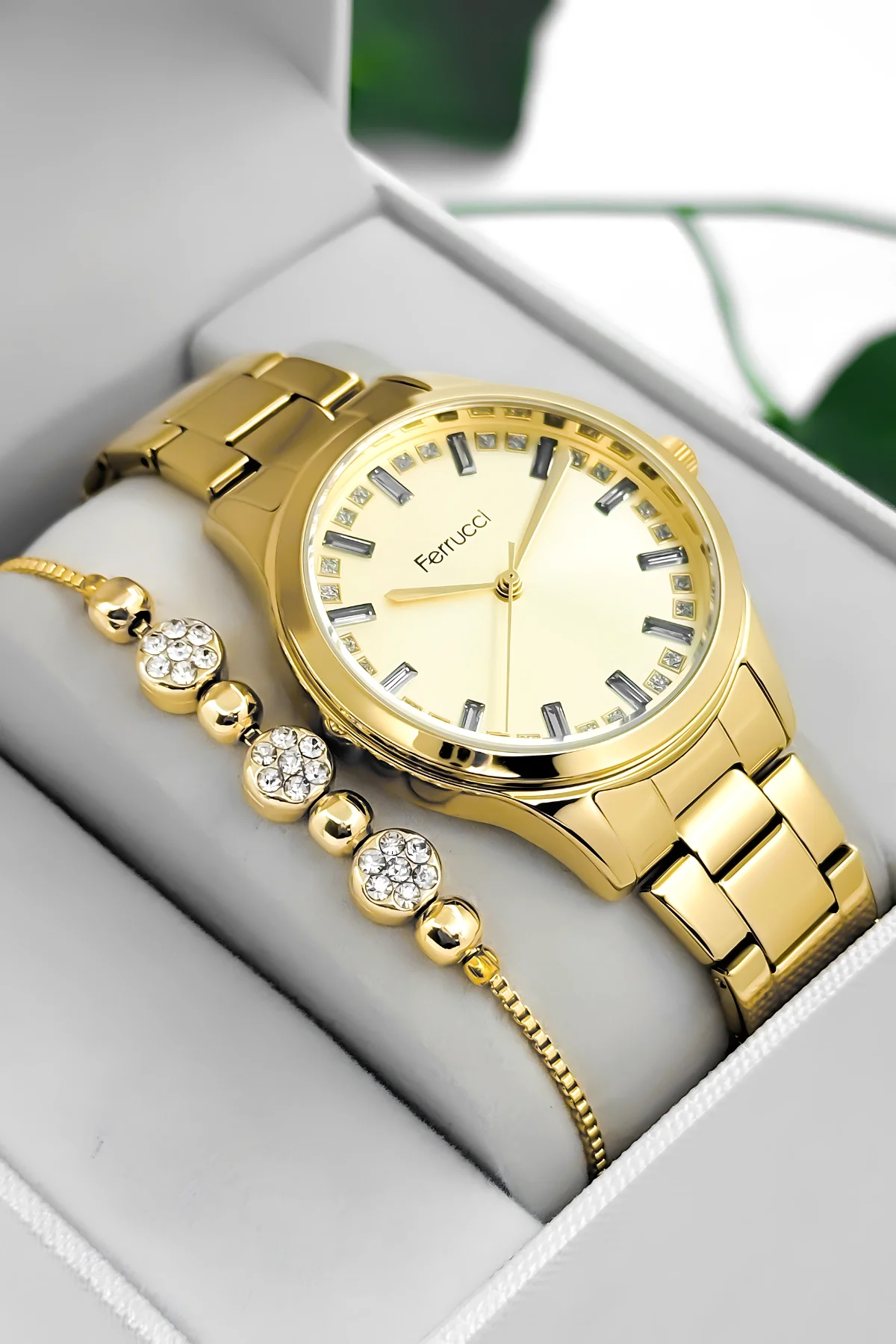 Ferrucci Taş Detaylı Kadran, Çelik Kordon Çelik Kasa Kadın Kol Saati, Gold zmfer199
