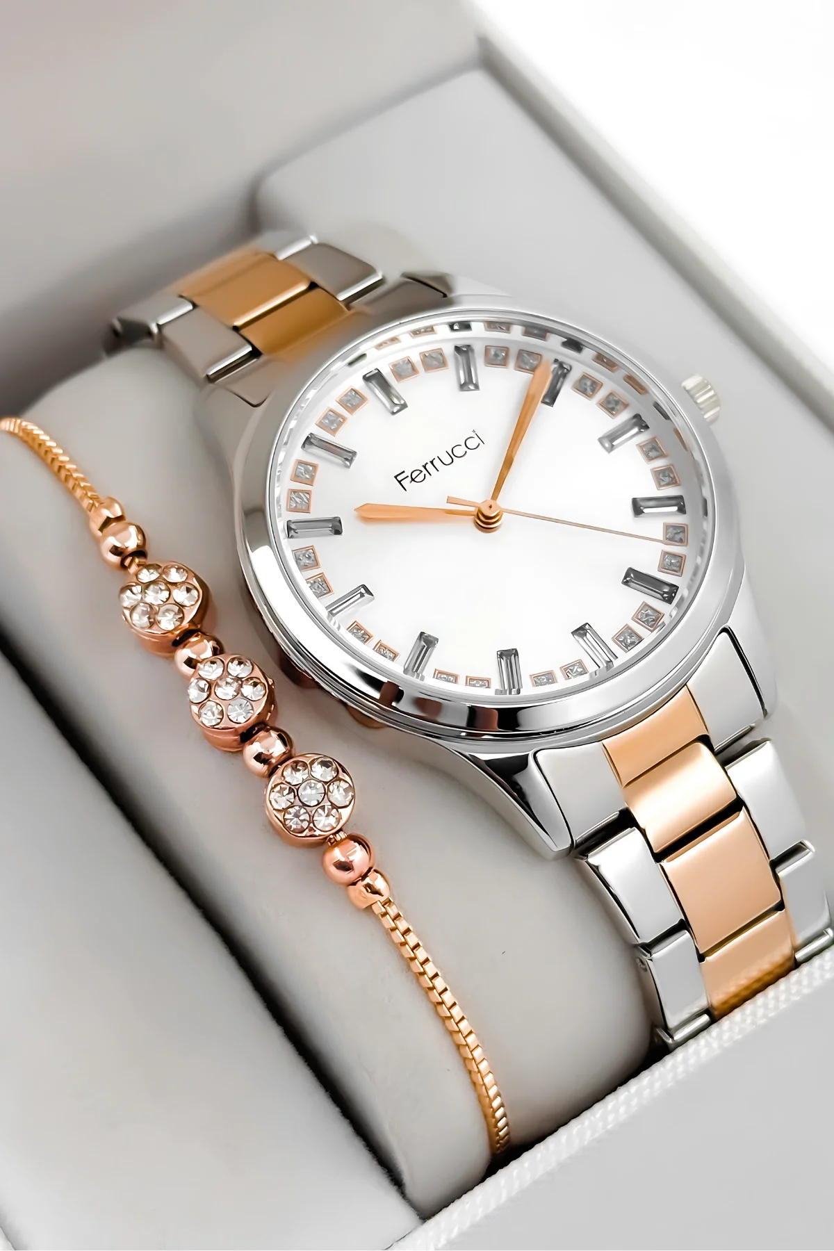 Ferrucci Taş Detaylı Kadran, Çelik Kordon Çelik Kasa Kadın Kol Saati, Gümüş-Rose zmfer199