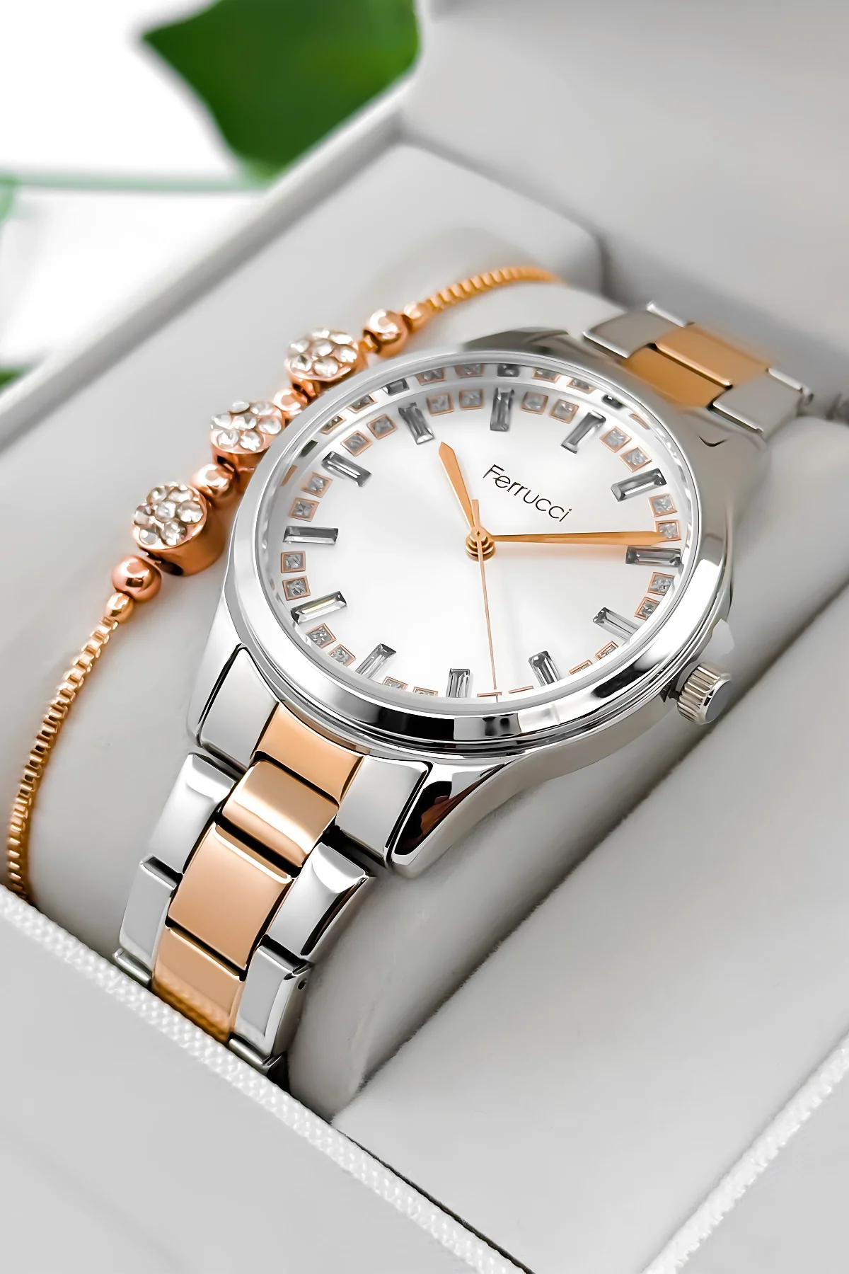 Ferrucci Taş Detaylı Kadran, Çelik Kordon Çelik Kasa Kadın Kol Saati, Gümüş-Rose zmfer199