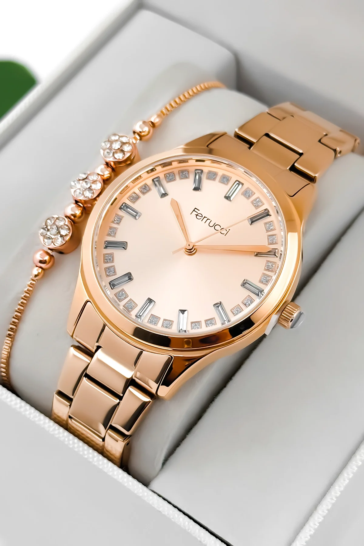 Ferrucci Taş Detaylı Kadran, Çelik Kordon Çelik Kasa Kadın Kol Saati, Rose zmfer199