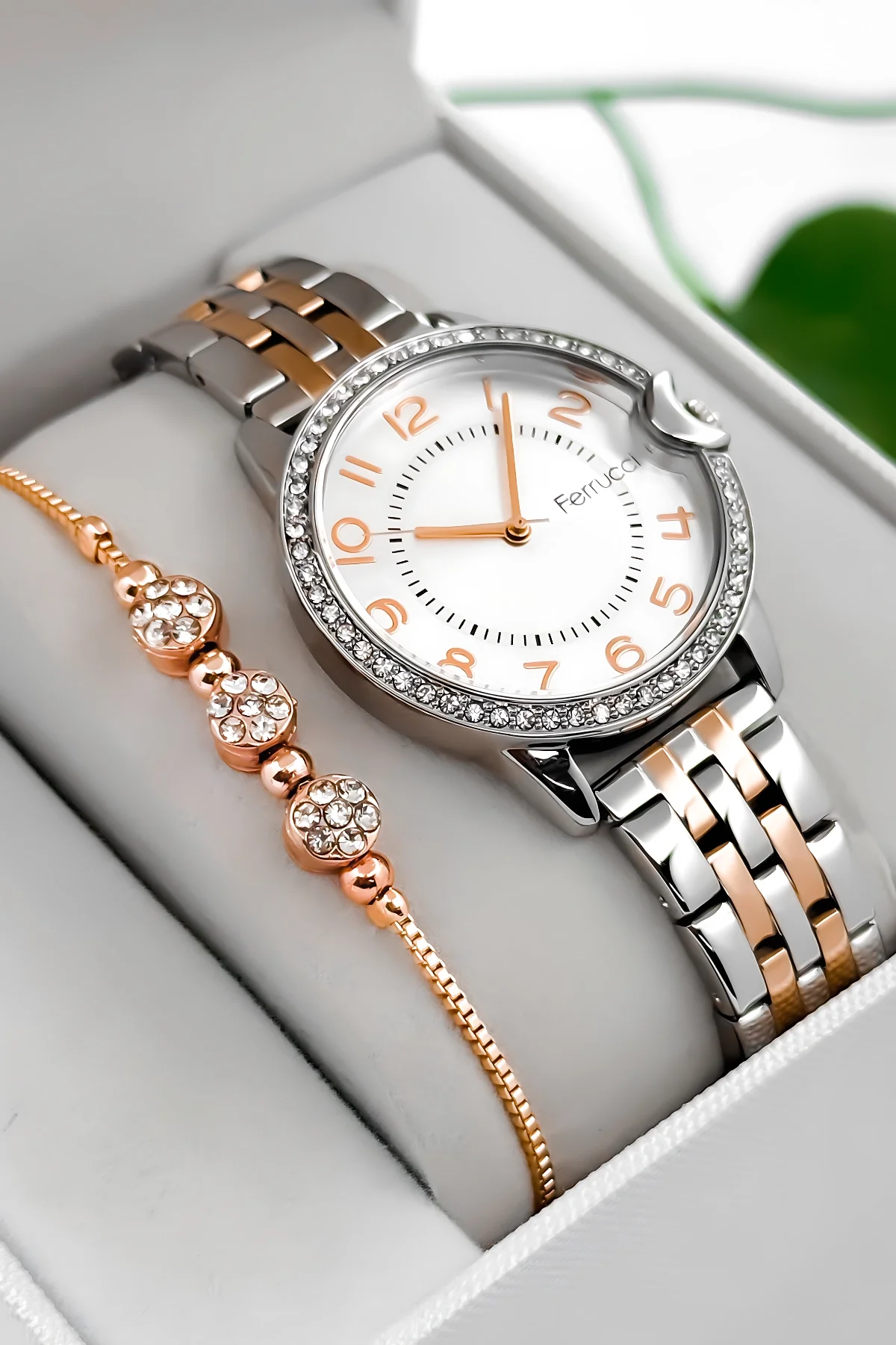 Ferrucci Taş Detaylı Kasa, Çelik Kordon Çelik Kasa Kadın Kol Saati, Gümüş-Rose zmfer200